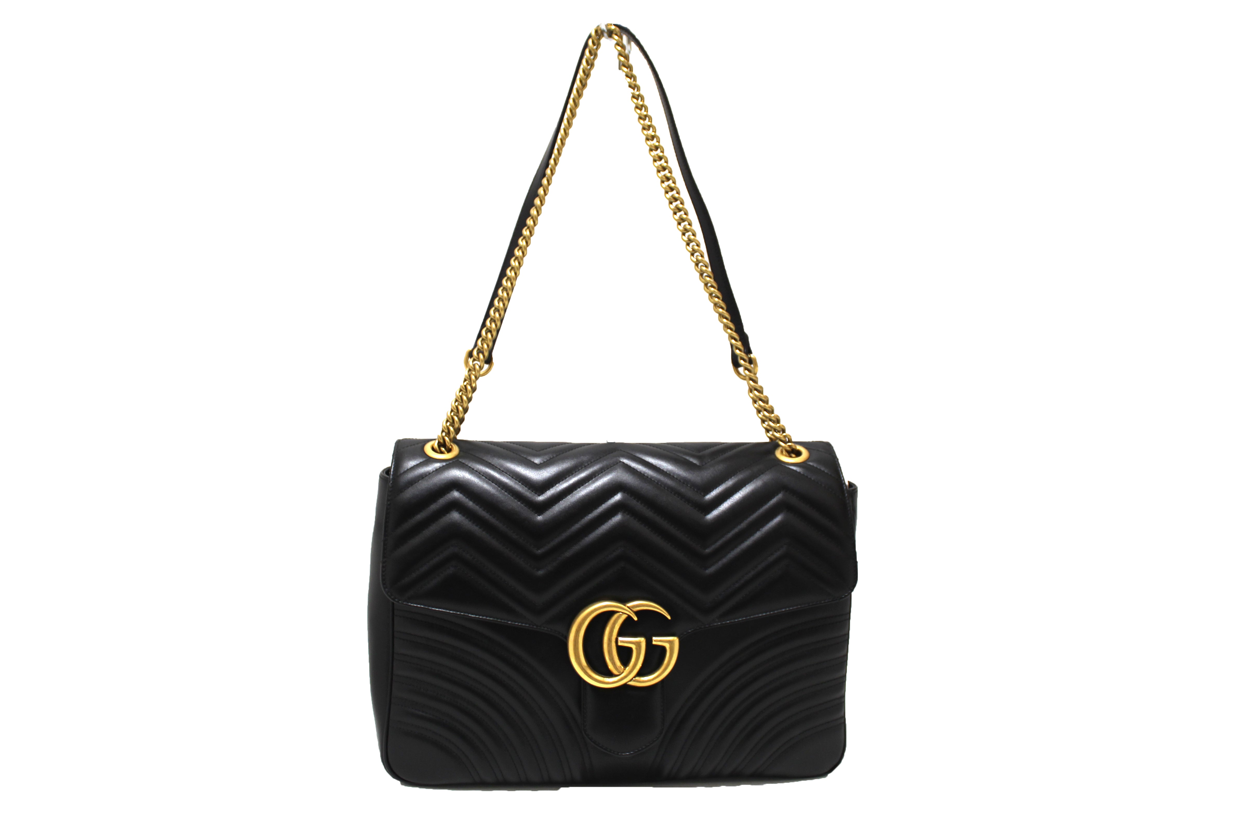 Authentic Gucci Black Calfskin Leather Large Marmont Matelasse Flap Chain Shoulder Bag 498090