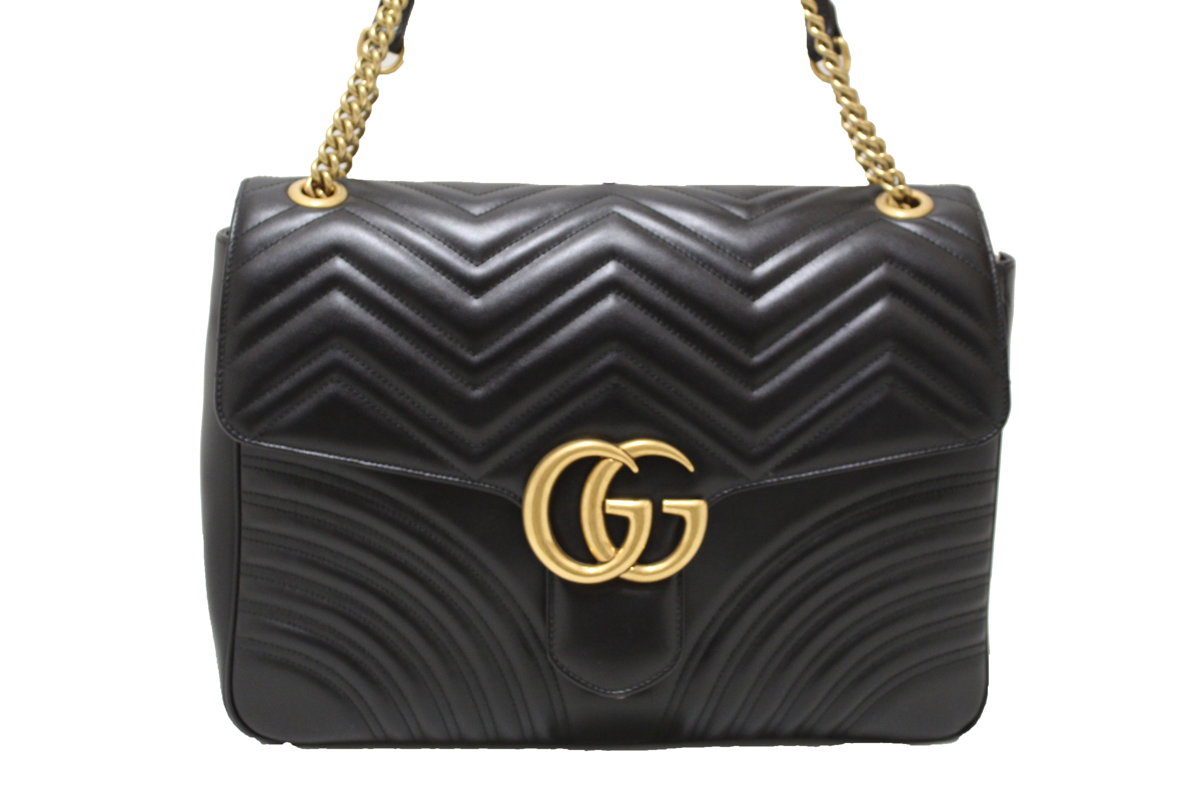 Authentic Gucci Black Calfskin Leather Large Marmont Matelasse Flap Chain Shoulder Bag 498090