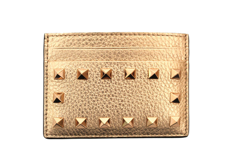 Authentic New Valentino Metallic Pink Rockstud Calfskin Card holder