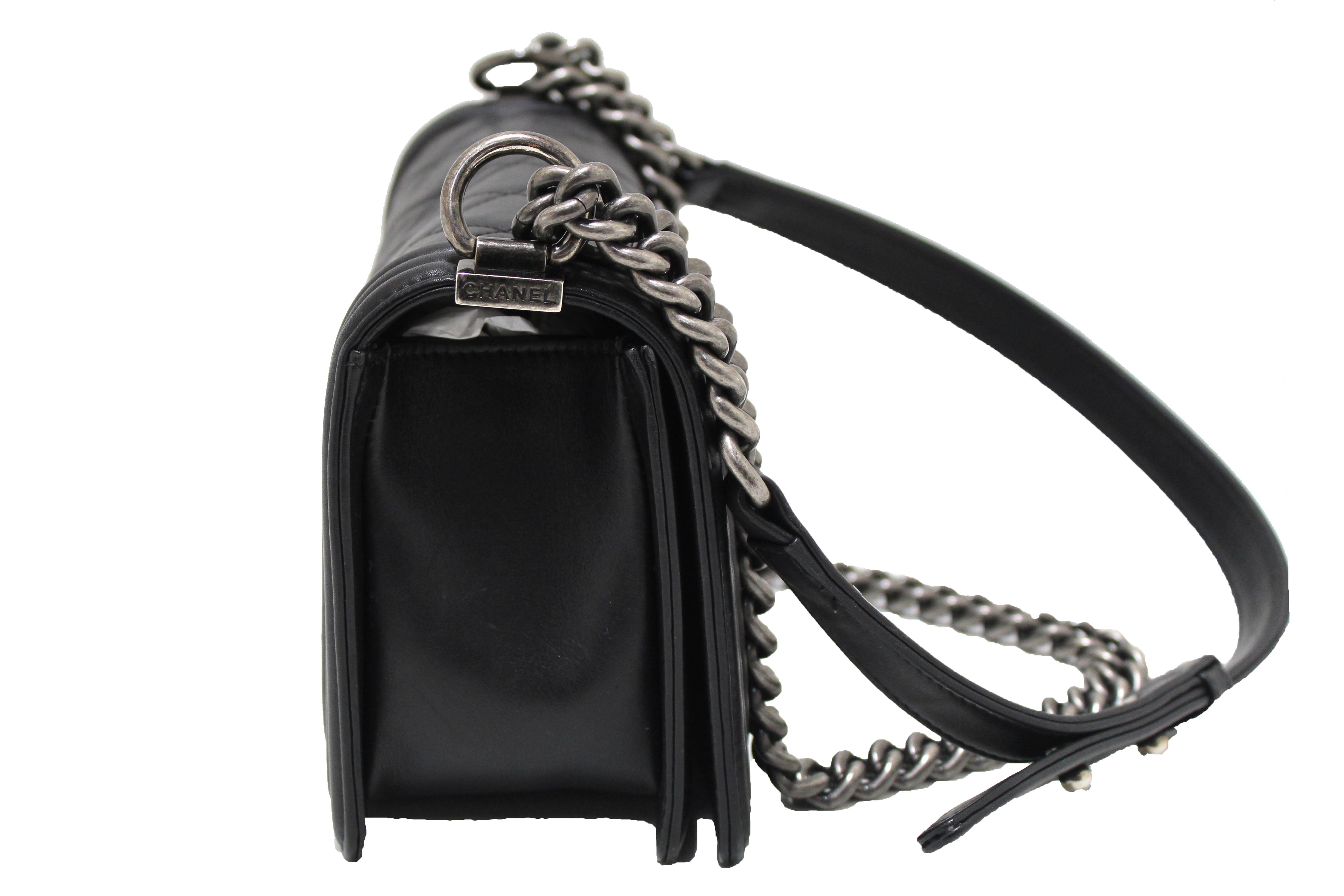 Authentic Chanel Black Quilted Calfskin Old Medium Boy Shoulder Bag
