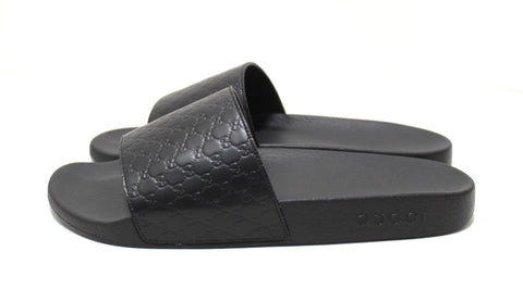 Authentic New Gucci Men's Black Signature GG Guccissima Leather and Rubber Slides Size 8.5