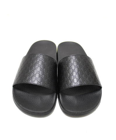 Authentic New Gucci Men's Black Signature GG Guccissima Leather and Rubber Slides Size 8.5