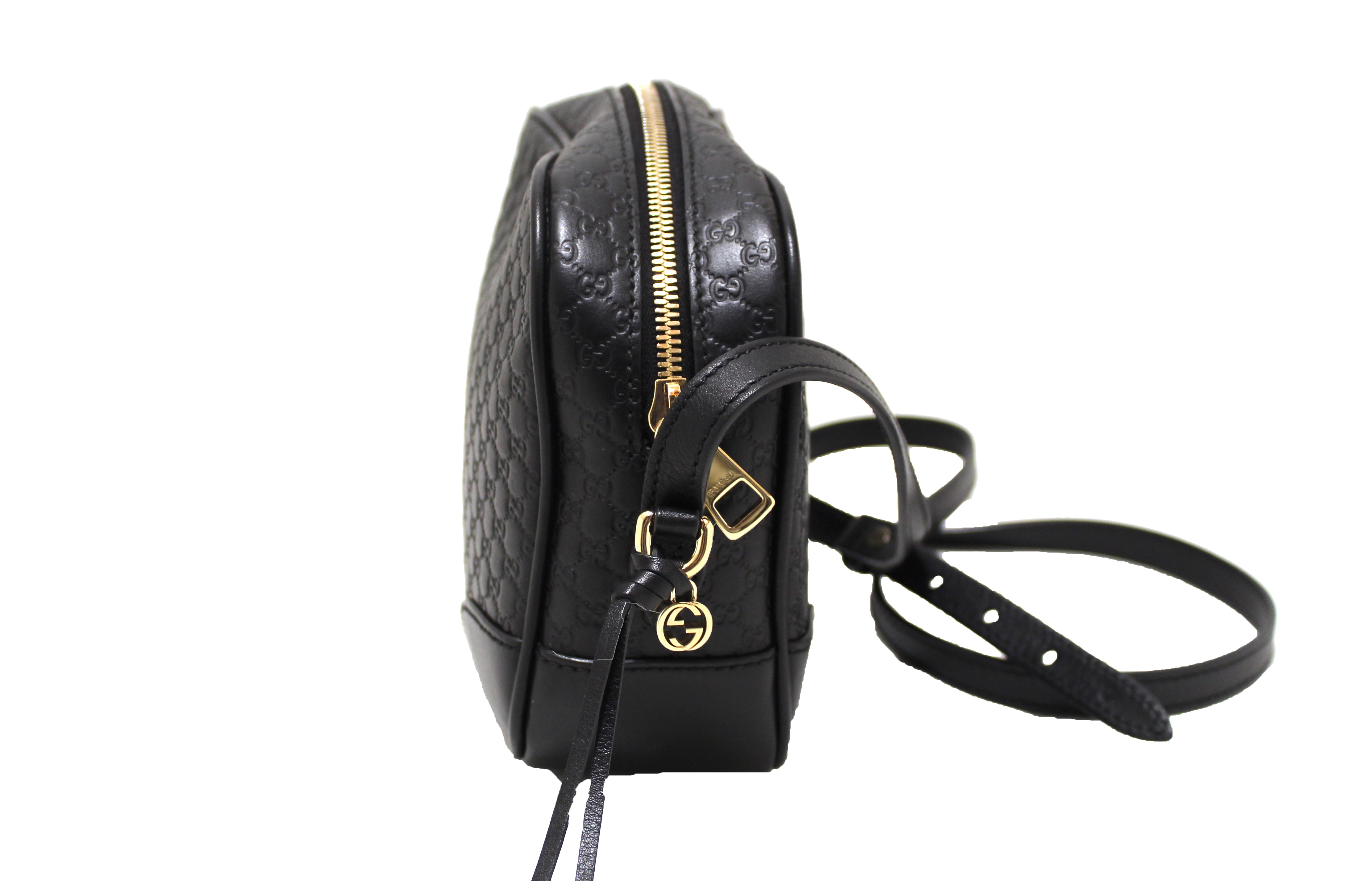 Authentic Black Gucci GG MicroGuccissima Leather Bree Crossbody Bag