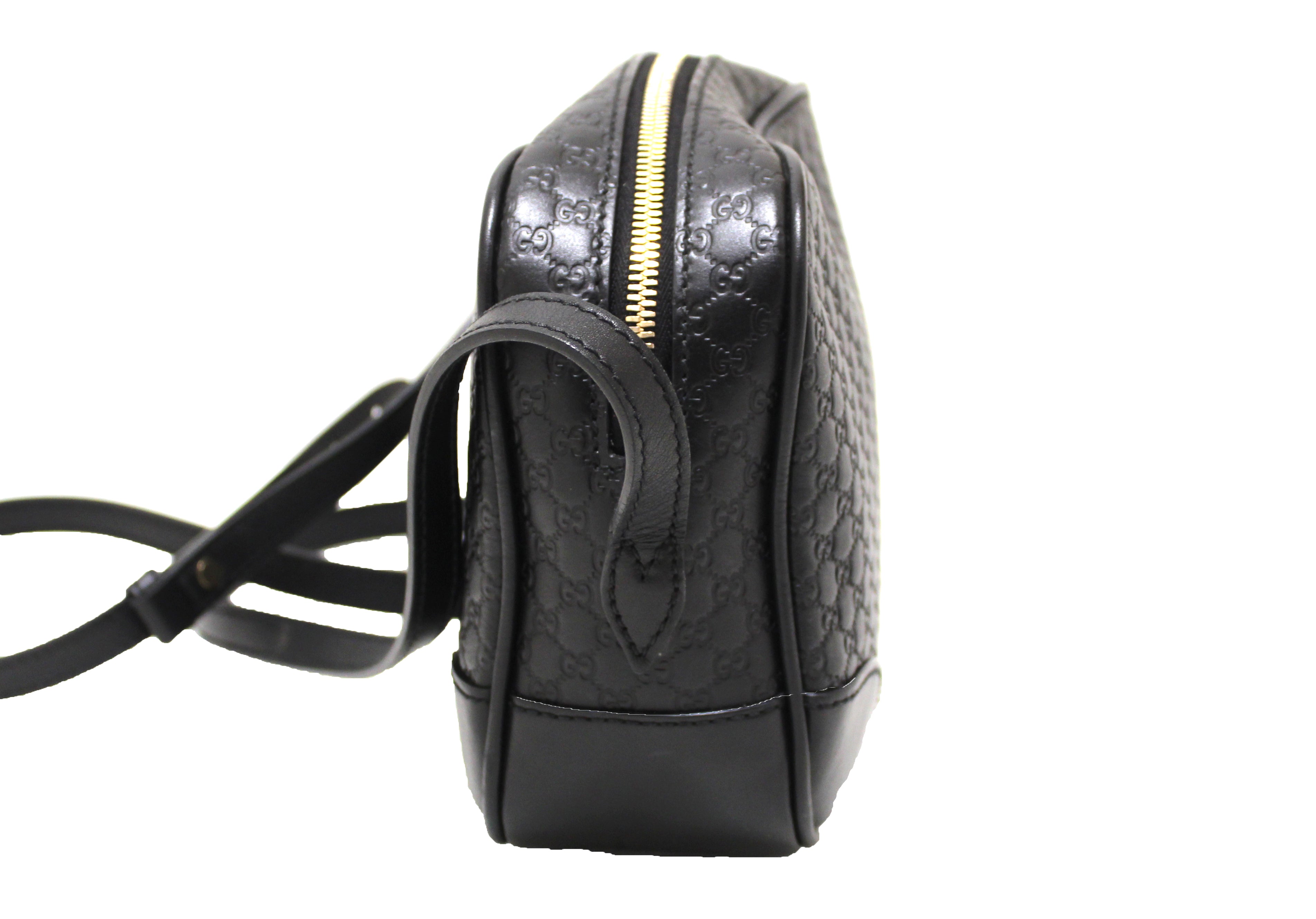 Authentic Black Gucci GG MicroGuccissima Leather Bree Crossbody Bag