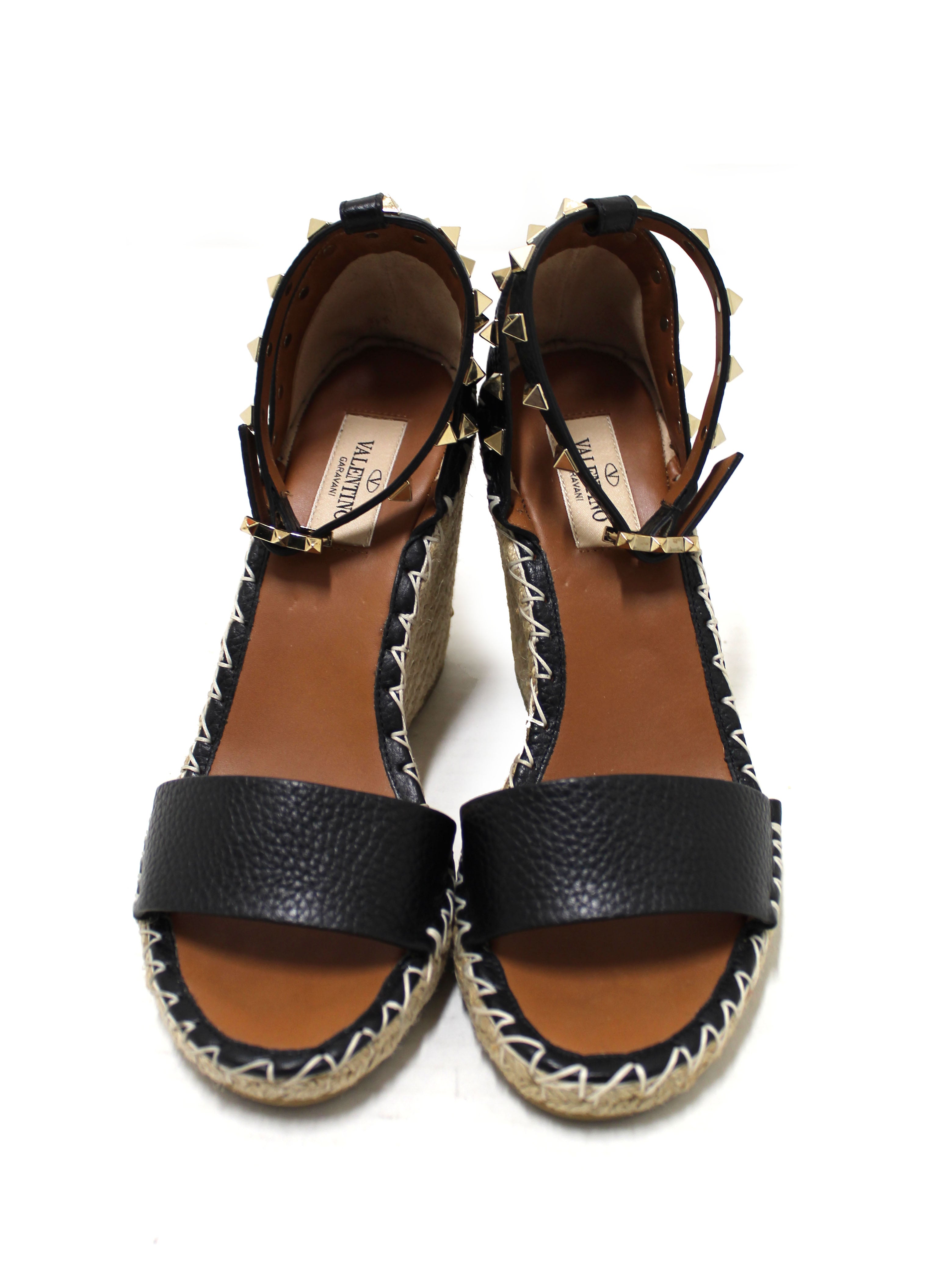 Authentic Valentino Black Leather Rockstud Wedge Heel Sandal Shoes 37