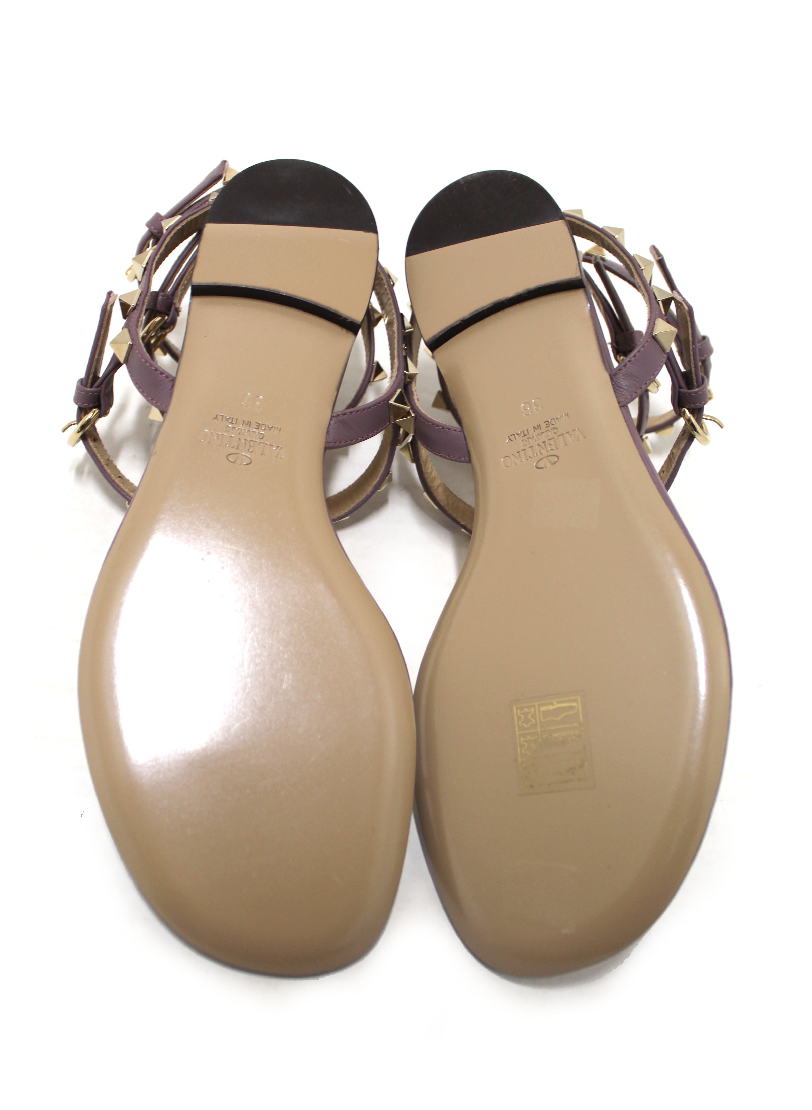 Authentic New Valentino Purple Leather Rockstud Flip Flop Sandal Shoes Size 36