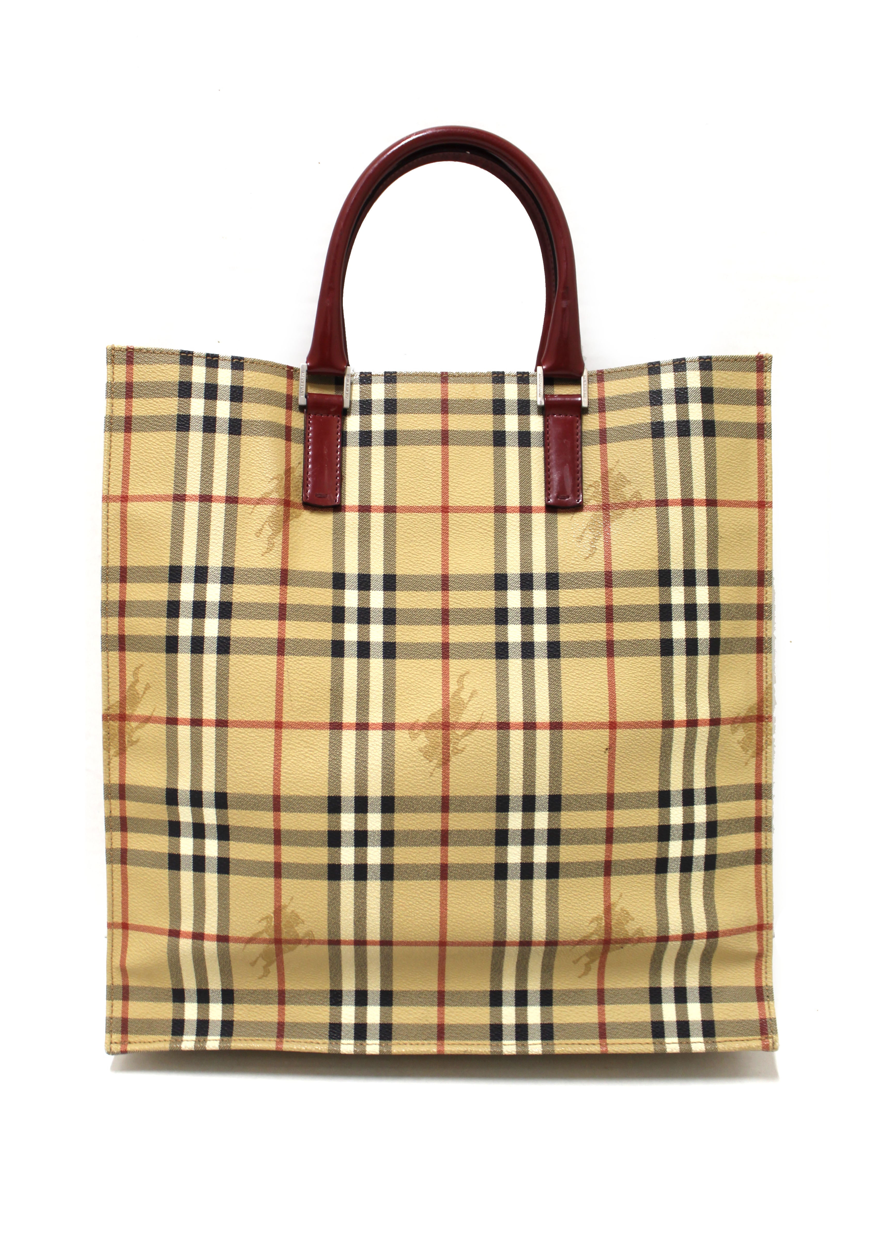 Authentic Burberry Beige Calfskin Grain Check Tote Shopper Bag