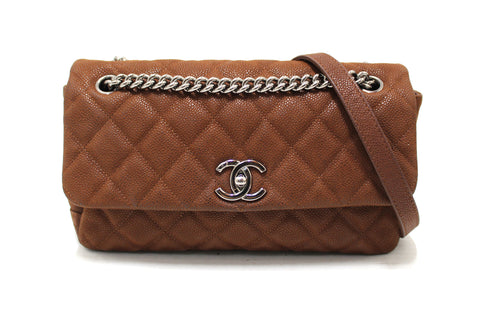 Authentic Chanel Classic Brown Caviar Leather Jumbo Single Flap bag