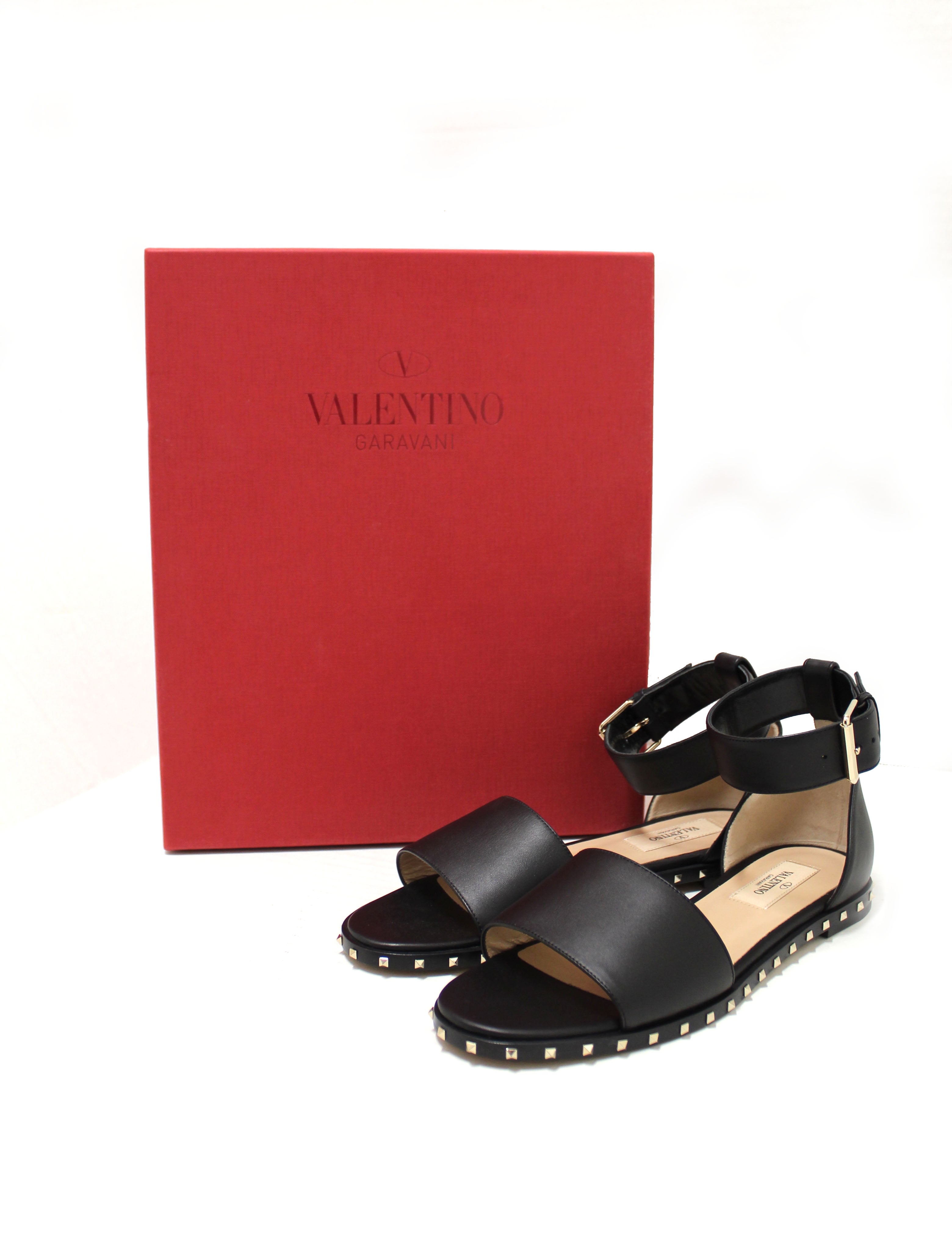 Authentic NEW Valentino Black Leather Thick Ankle Strap Studded Sandals Shoes Size 36.5