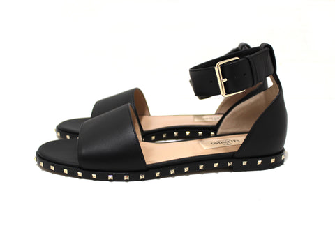 Authentic NEW Valentino Black Leather Thick Ankle Strap Studded Sandals Shoes Size 36.5