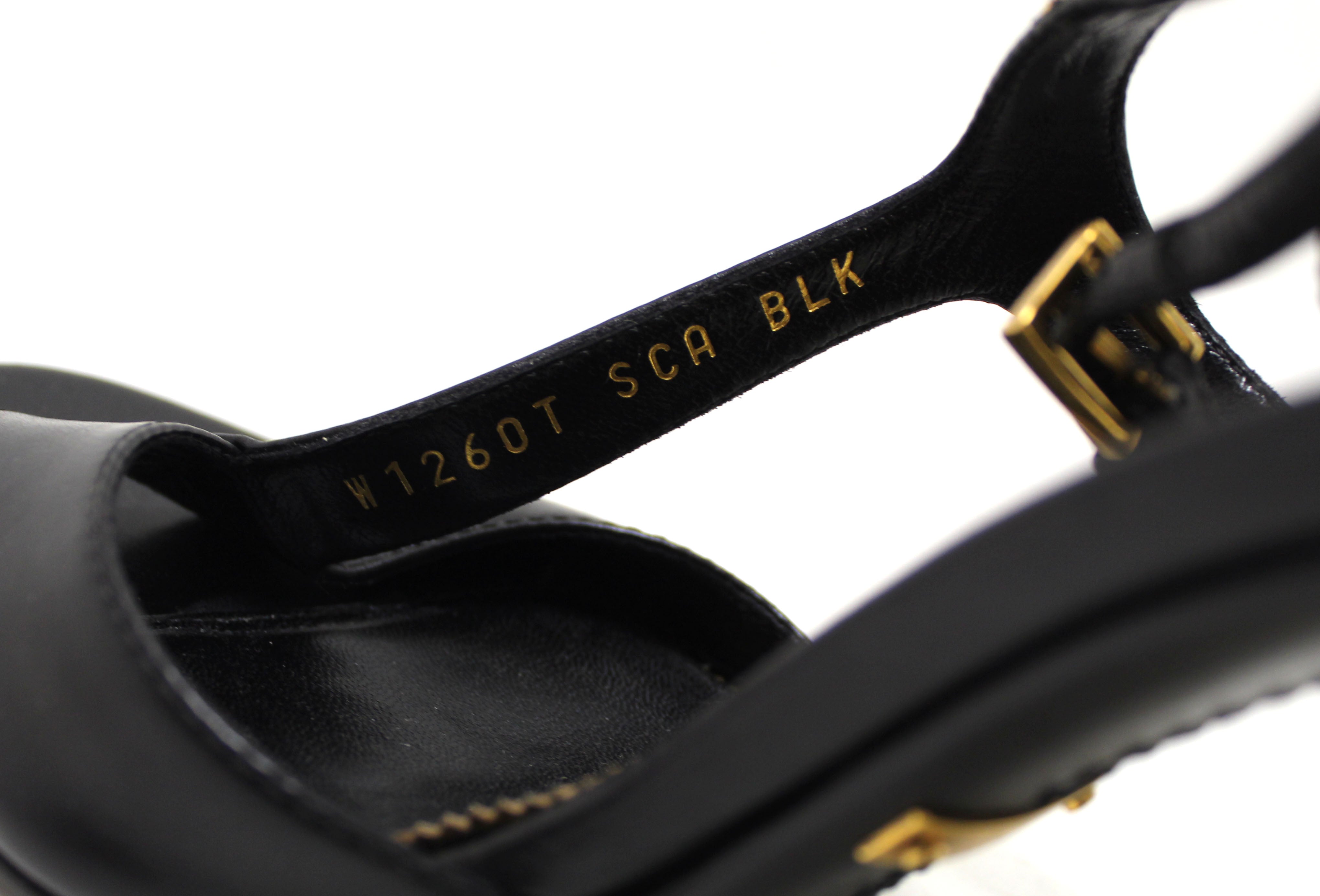Authentic Tom Ford Black Leather and Gold Metal Strap Sandal Heels Size 36.5