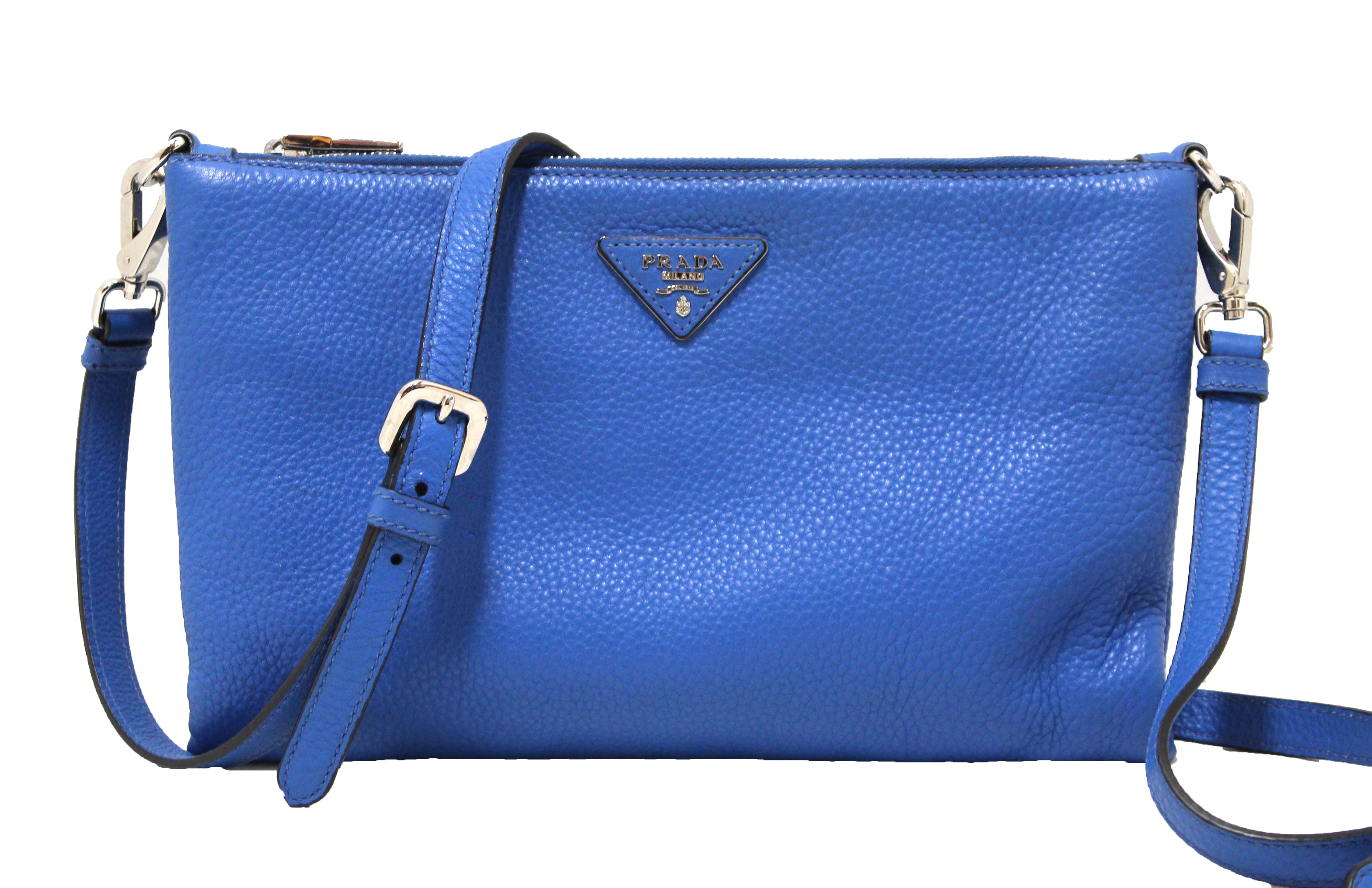 Authentic Prada Blue Calfskin Leather Messenger Bag