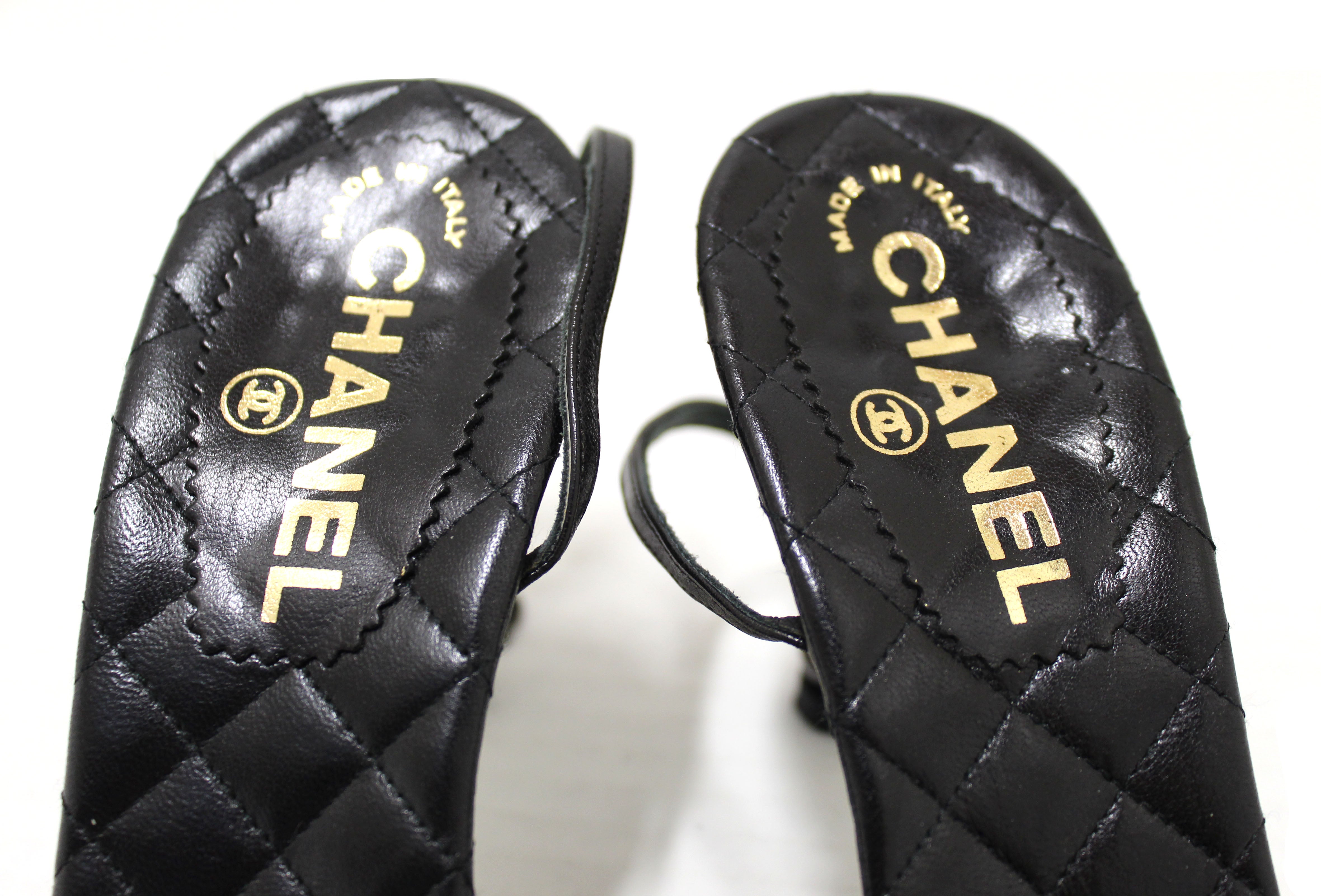 Authentic Chanel Black Leather Quilted Strap Chain Sandal Heel Shoes Size 38