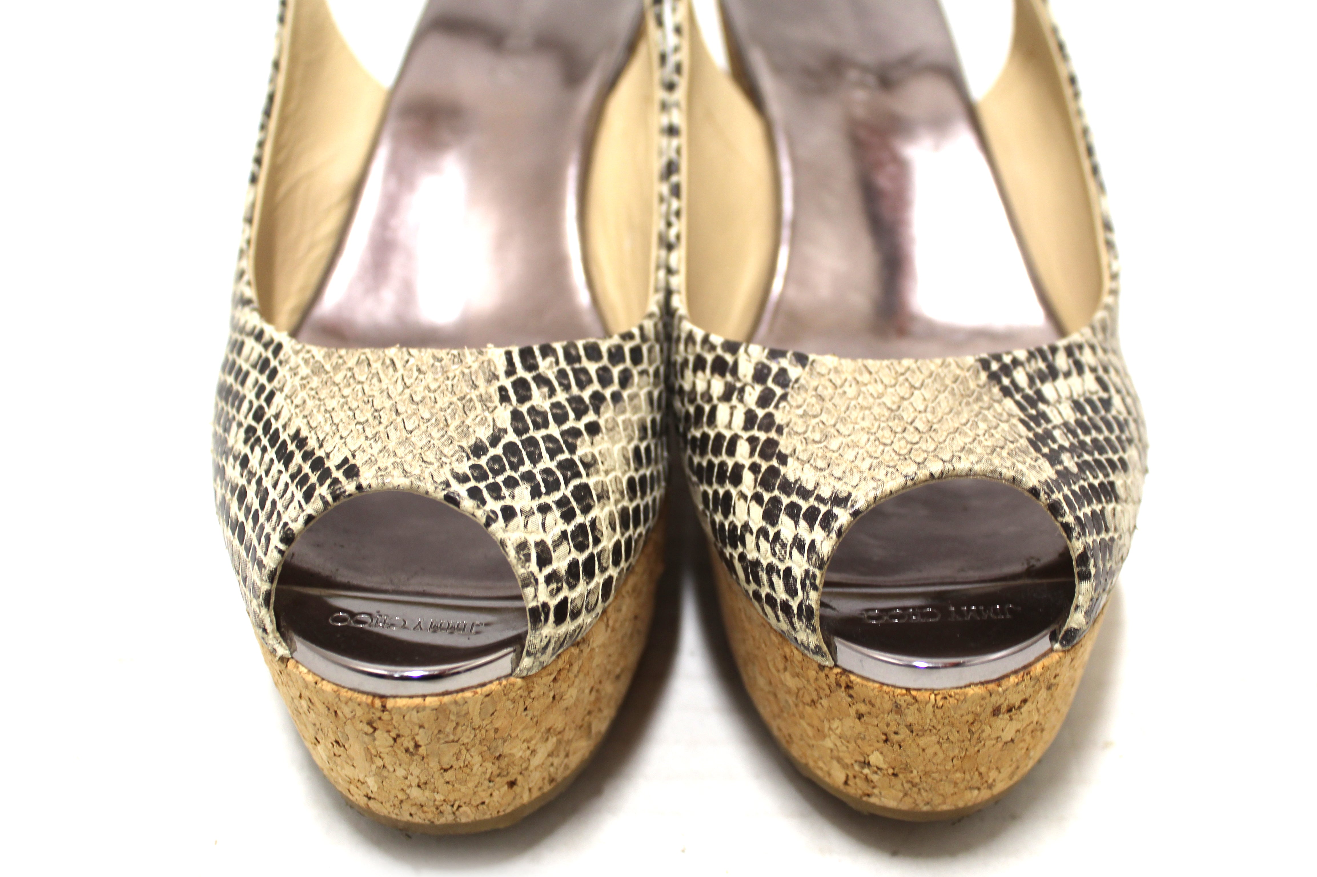 Authentic Jimmy Choo Snake Embossed Leather Cork Wedge Heel size 37