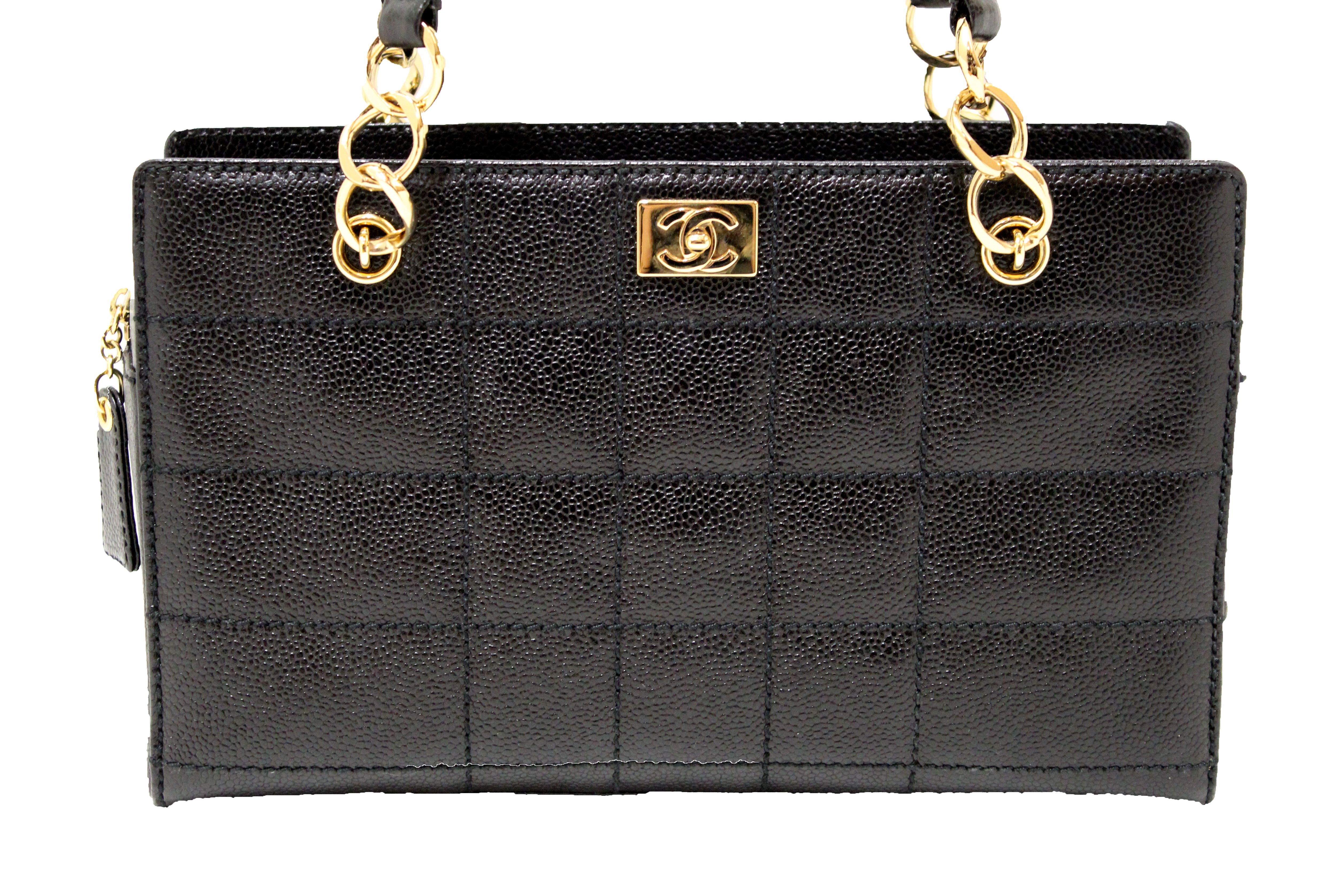 Authentic Chanel Black Square Stitch Caviar Leather Shoulder Tote Bag
