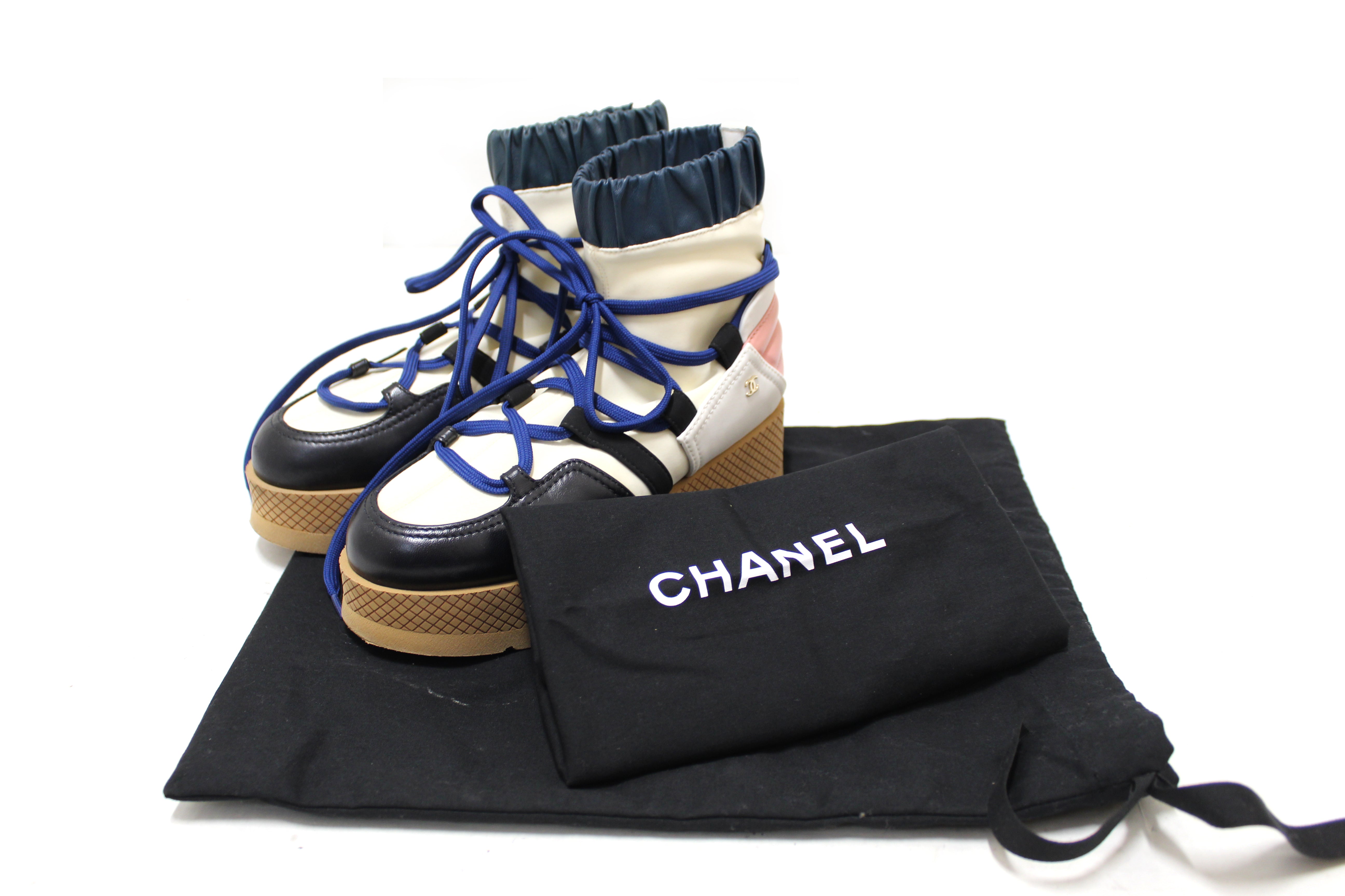 Authentic Chanel Lambskin & Mixed Fibers Ivory, Rose, Blue & Black Lace Up Platform Size 35.5 C