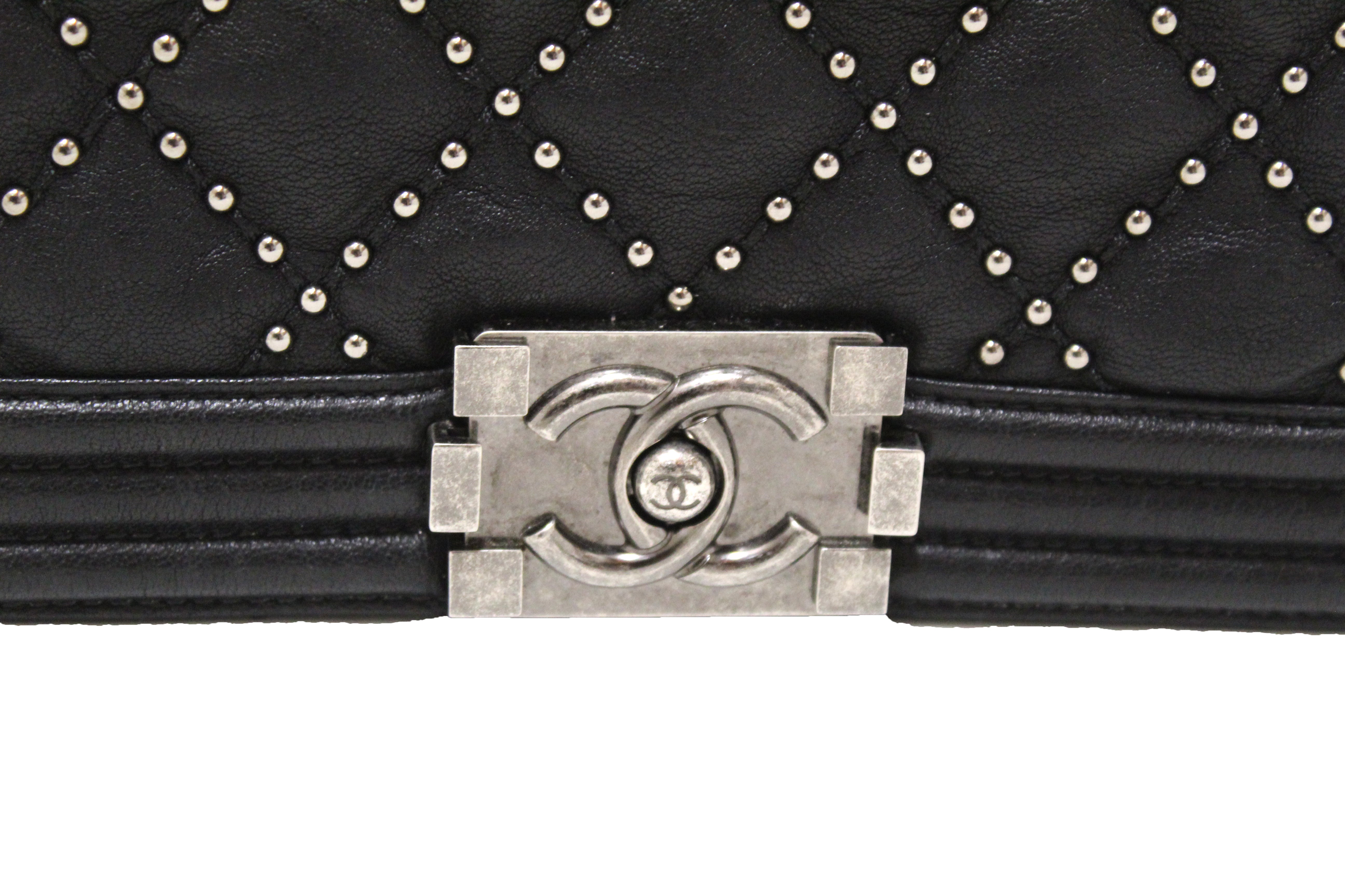 Authentic Chanel Studded Black Quilted Distressed Calfskin Old Medium Boy Flap Shoulder Bag
