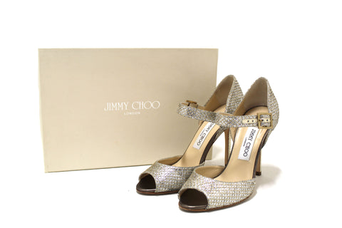 Authentic Jimmy Choo Silver Glitter Strap Heel Sandal Size 36
