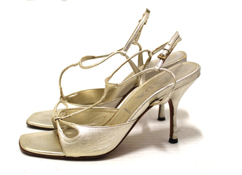 Authentic Prada Silver Thin Strap Sandal Heels Size 35.5