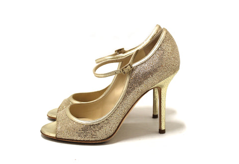 Authentic Jimmy Champagne Gold Glitter Fabric Pump Heel Sandal Size 36.5