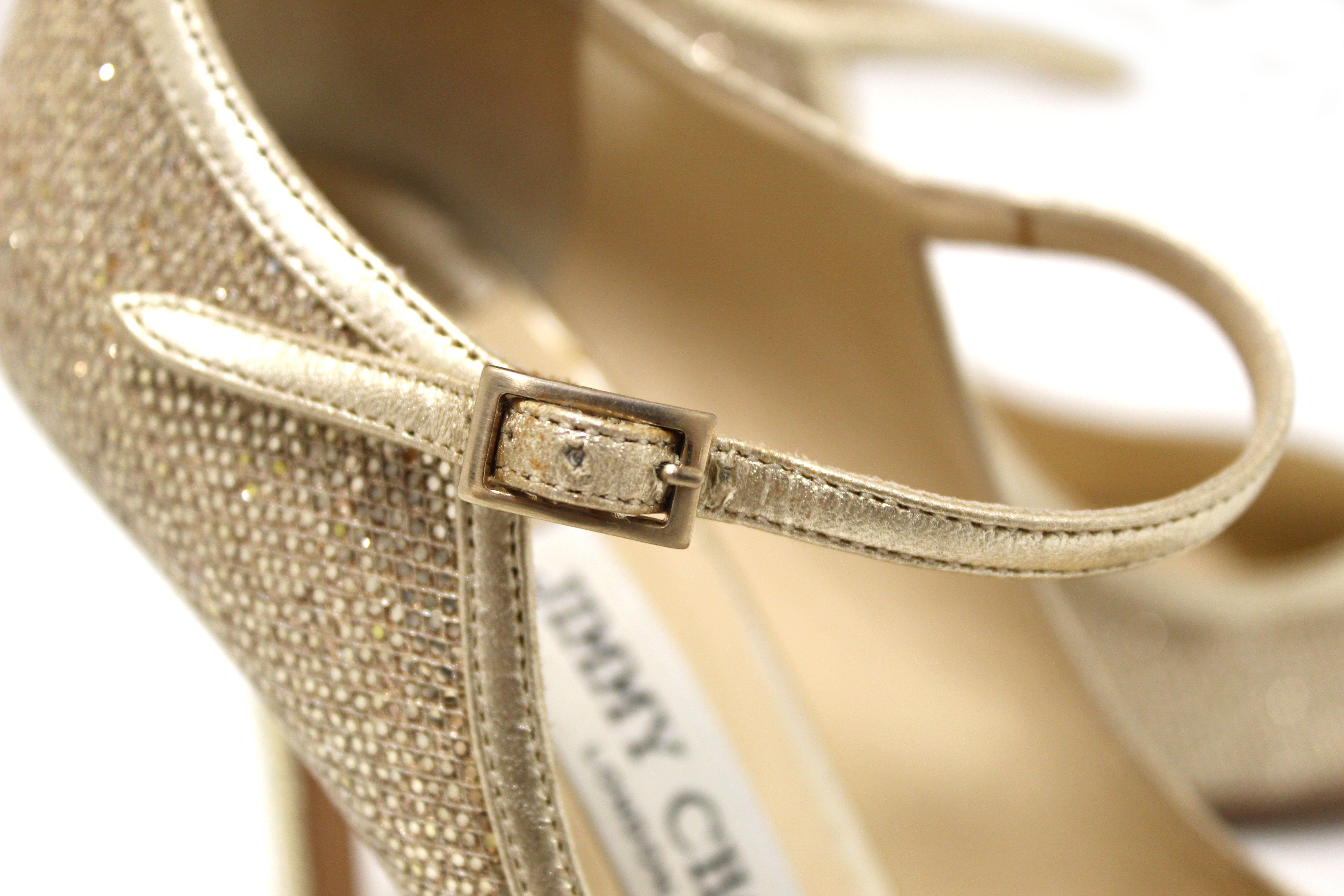 Authentic Jimmy Choo Champagne Gold Glitter Fabric Pump Heel Sandal Size 36.5