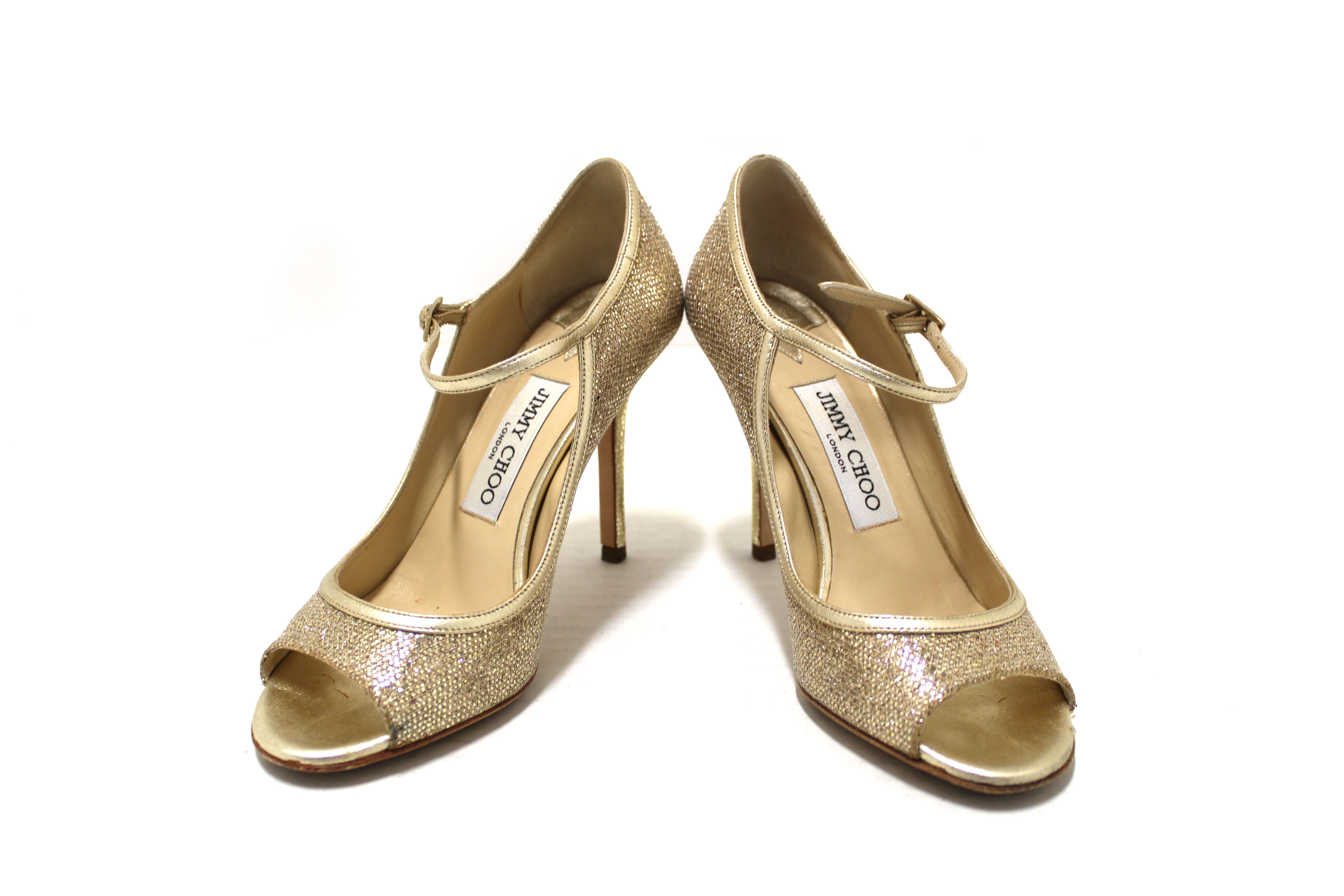 Authentic Jimmy Champagne Gold Glitter Fabric Pump Heel Sandal Size 36.5