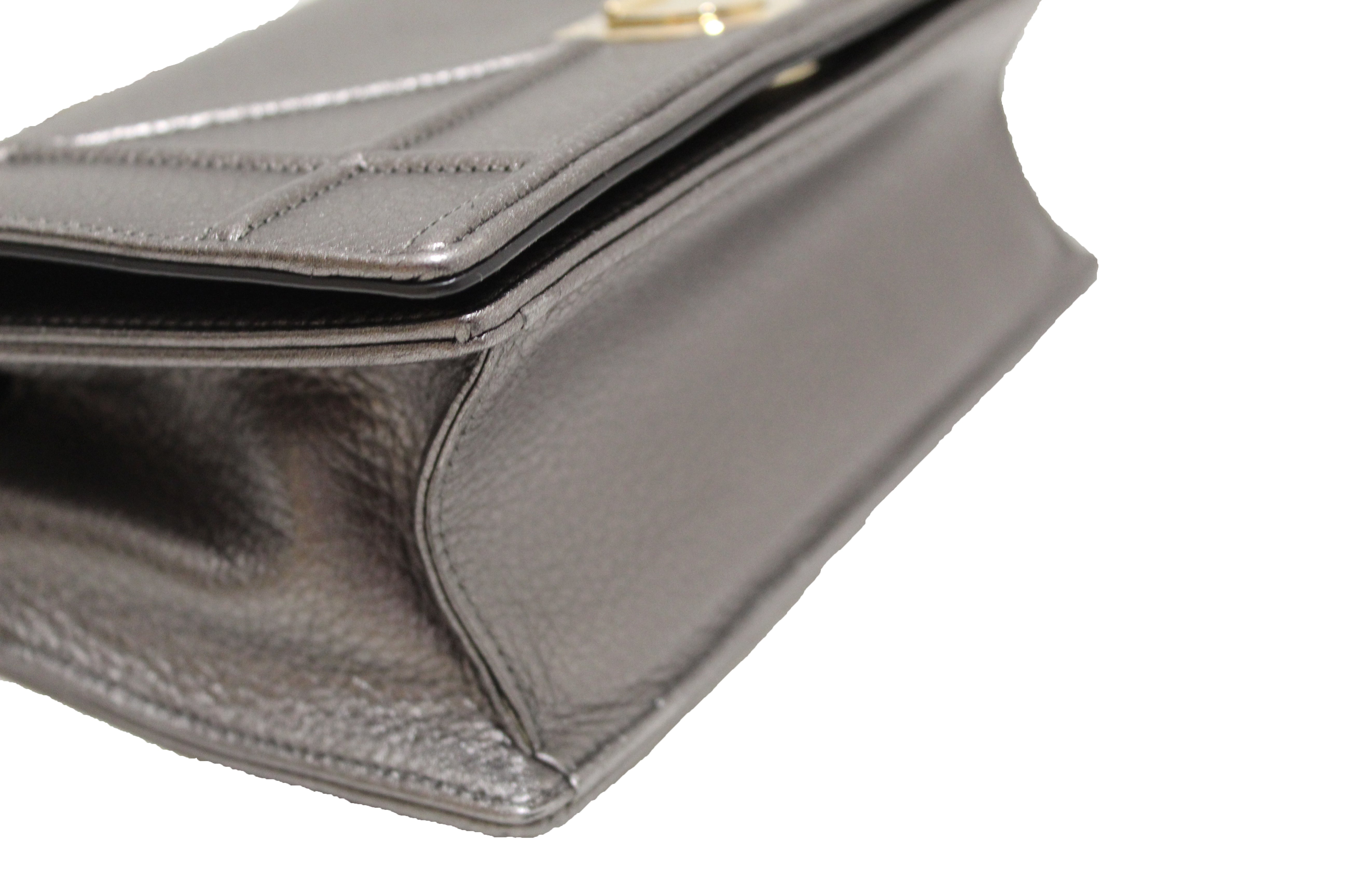 Authentic Christian Dior Grey Metallic Calfskin Leather Medium Diorama Flap Bag