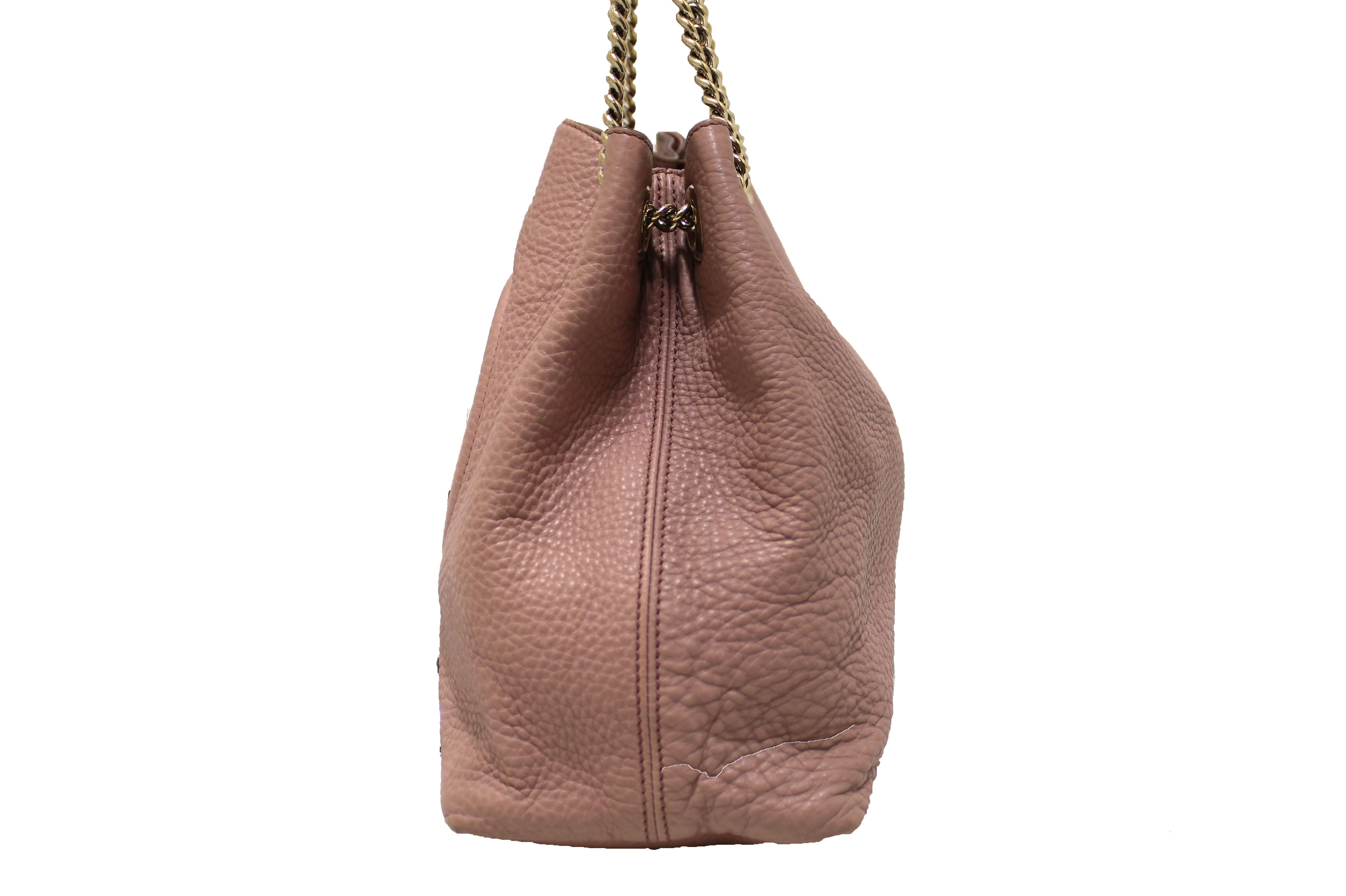 Authentic Gucci Light Pink Pebbled Calfskin Medium Soho Chain Shoulder Bag