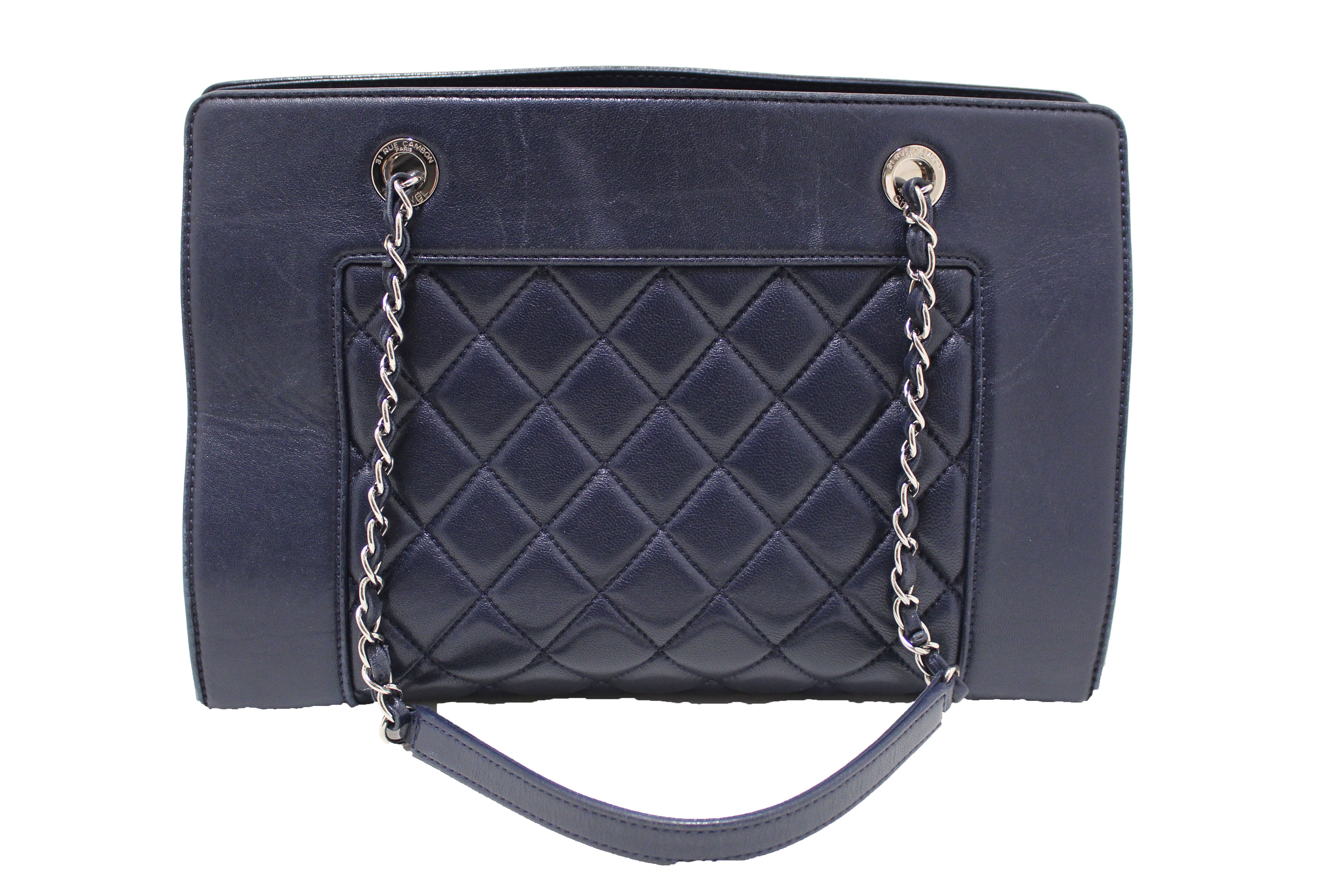 Authentic Chanel Quilted Blue Lambskin Leather Shopper Shoulder Tote Bag