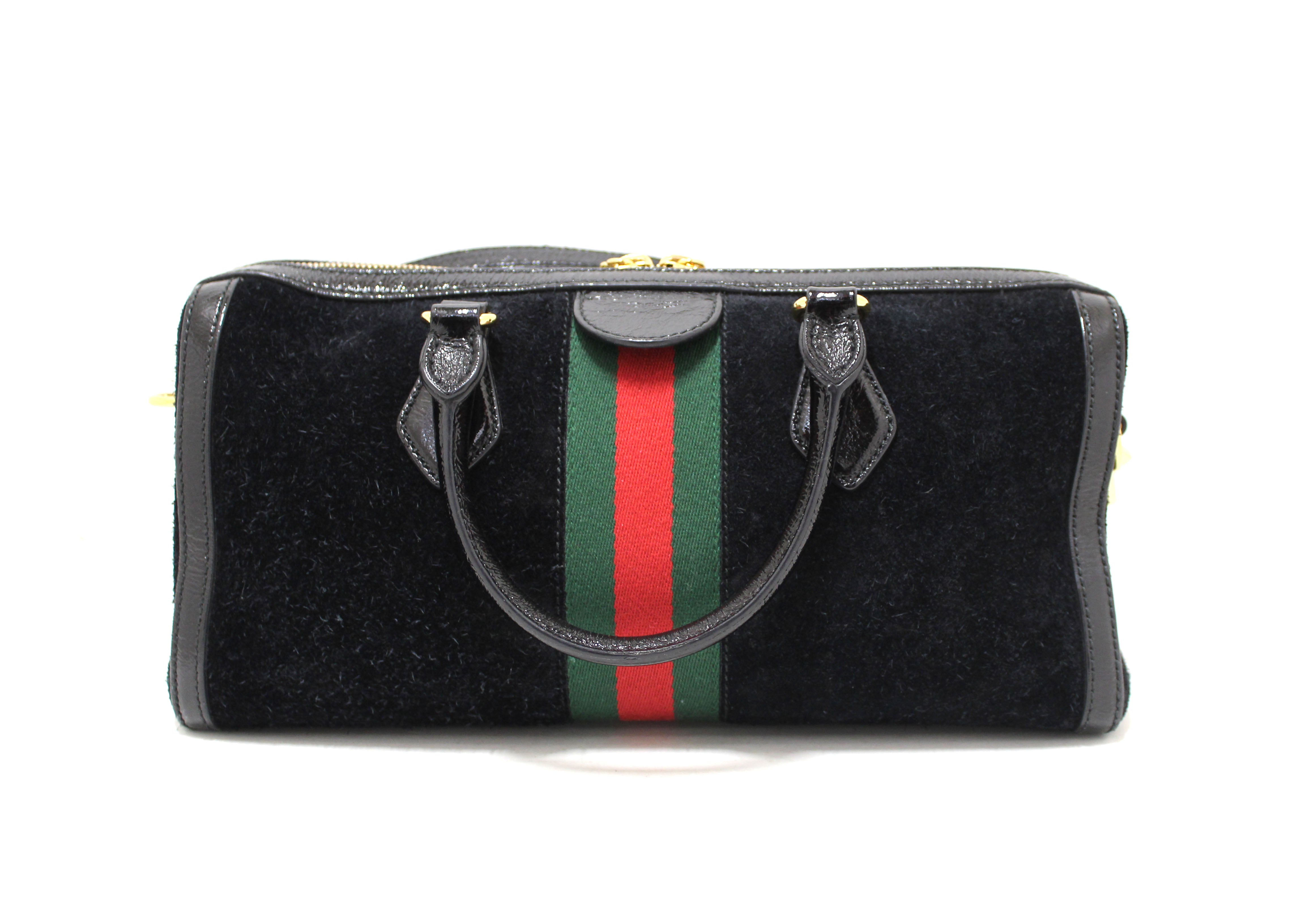 Authentic Gucci Black Suede/Patent Leather Medium Ophidia Boston Bag