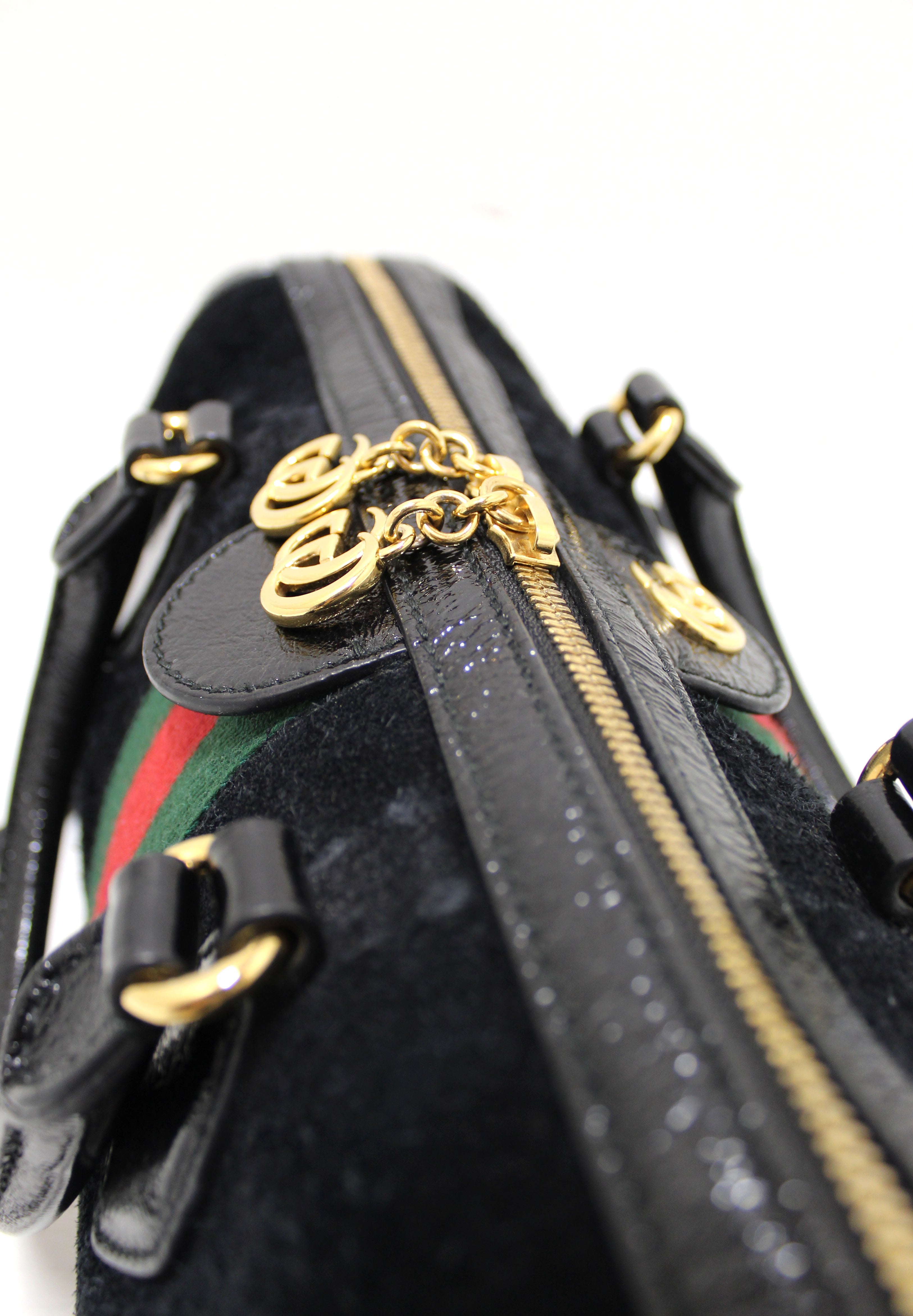 Authentic Gucci Black Suede/Patent Leather Medium Ophidia Boston Bag