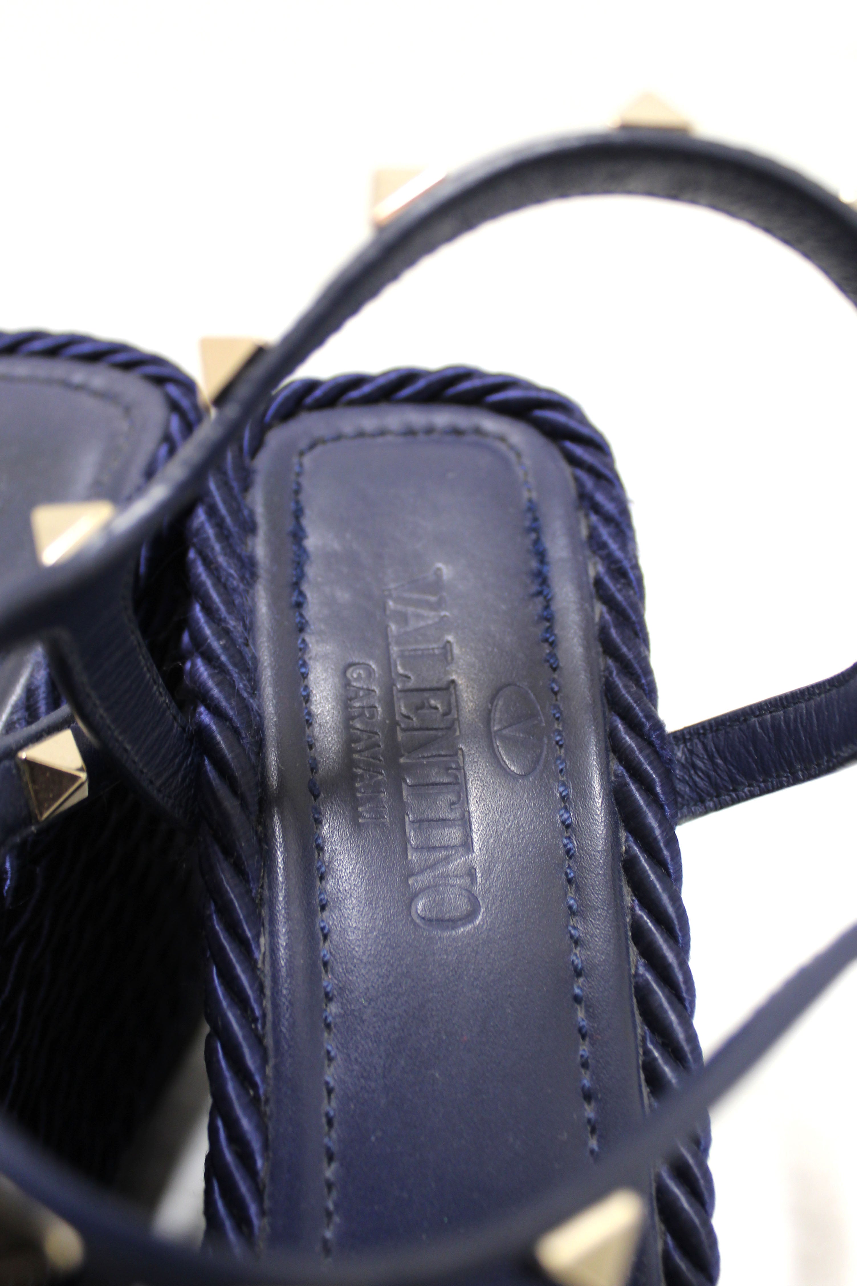 Authentic Valentino Blue Rockstud Espradrille Wedge Heel Sandal Shoes 37