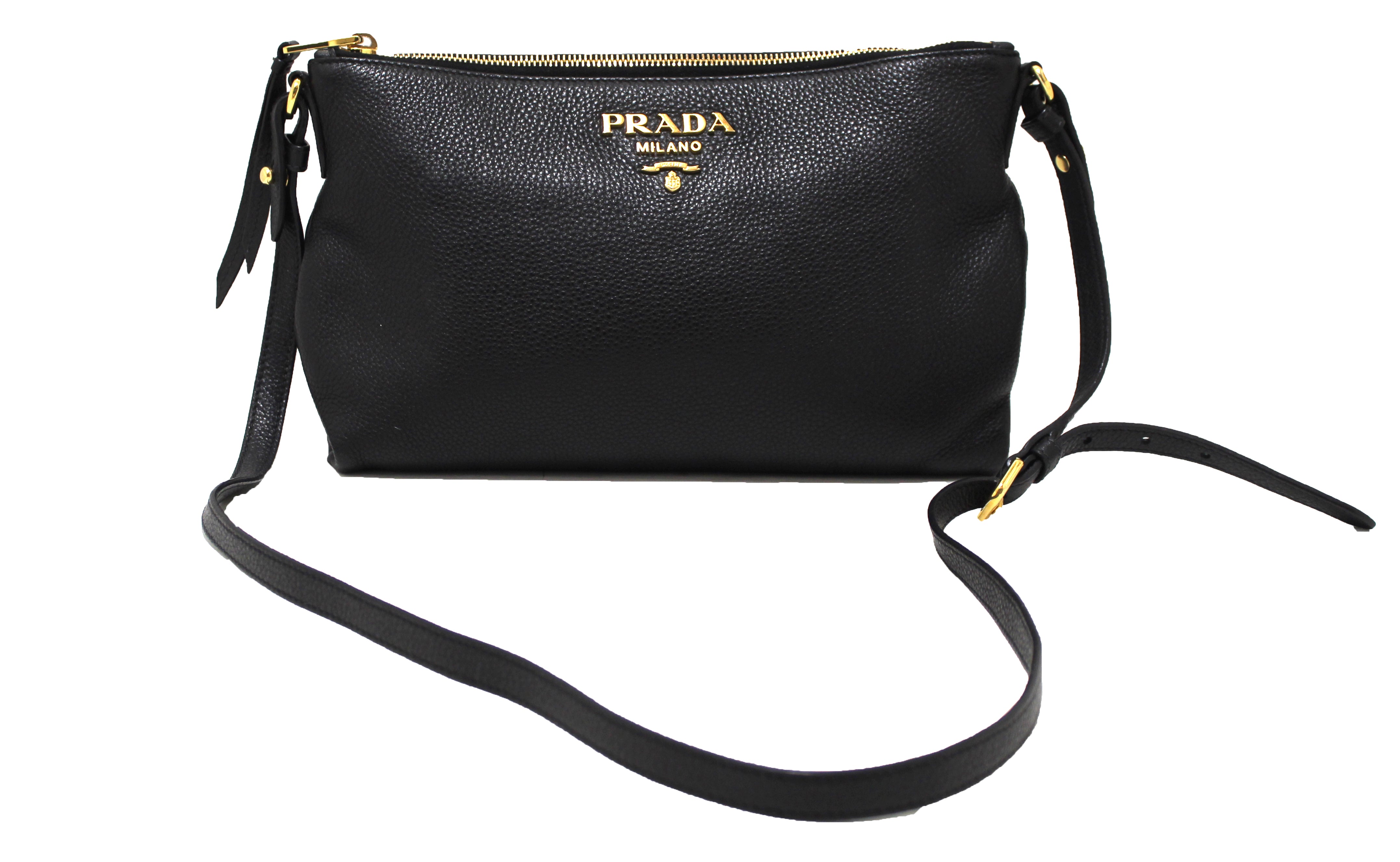 Authentic Prada Black Calfskin Leather With Double Shoulder Bag