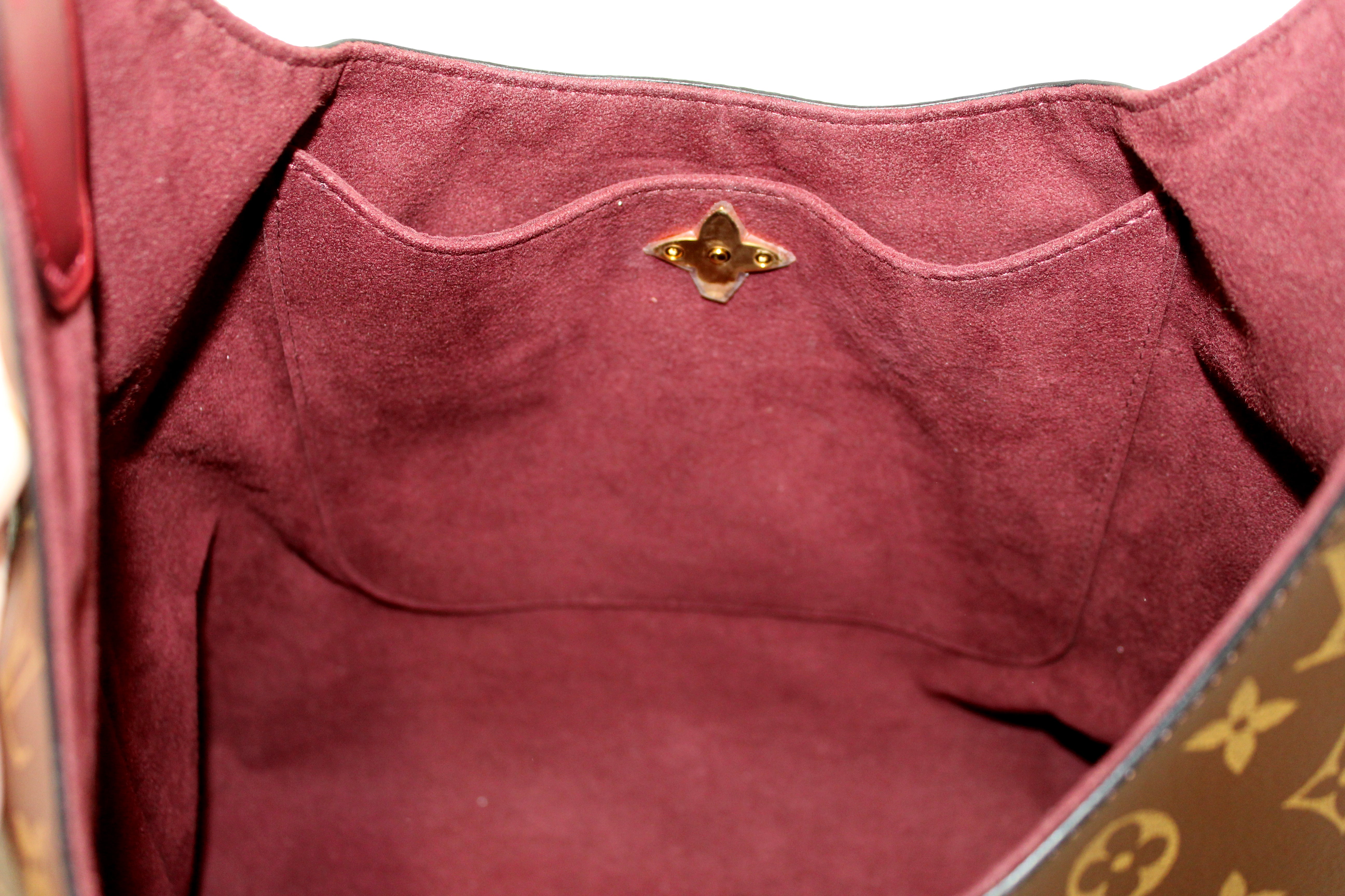 Authentic Louis Vuitton Classic Monogram with Burgundy Leather Flower Hobo Bag