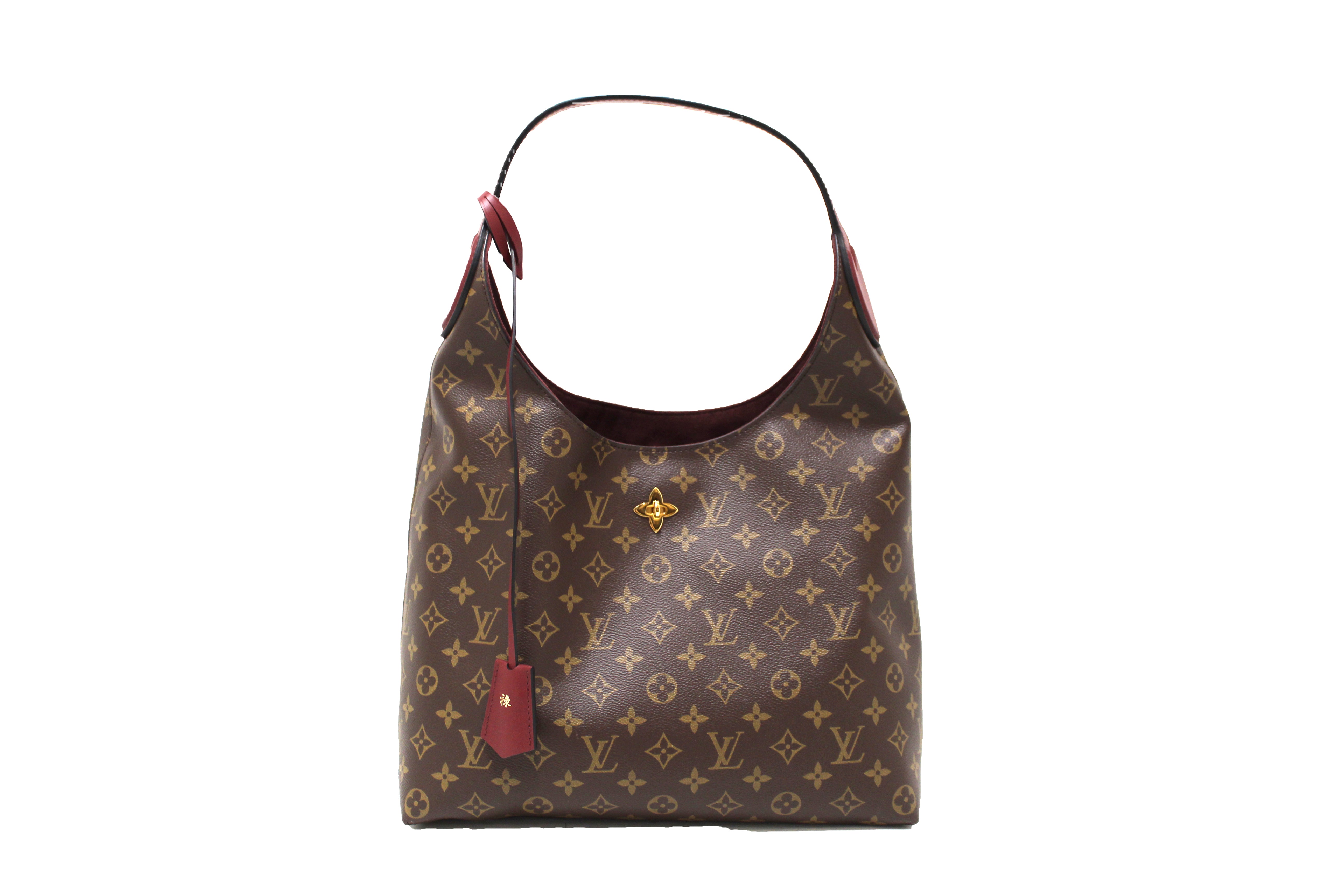 Authentic Louis Vuitton Classic Monogram with Burgundy Leather Flower Hobo Bag