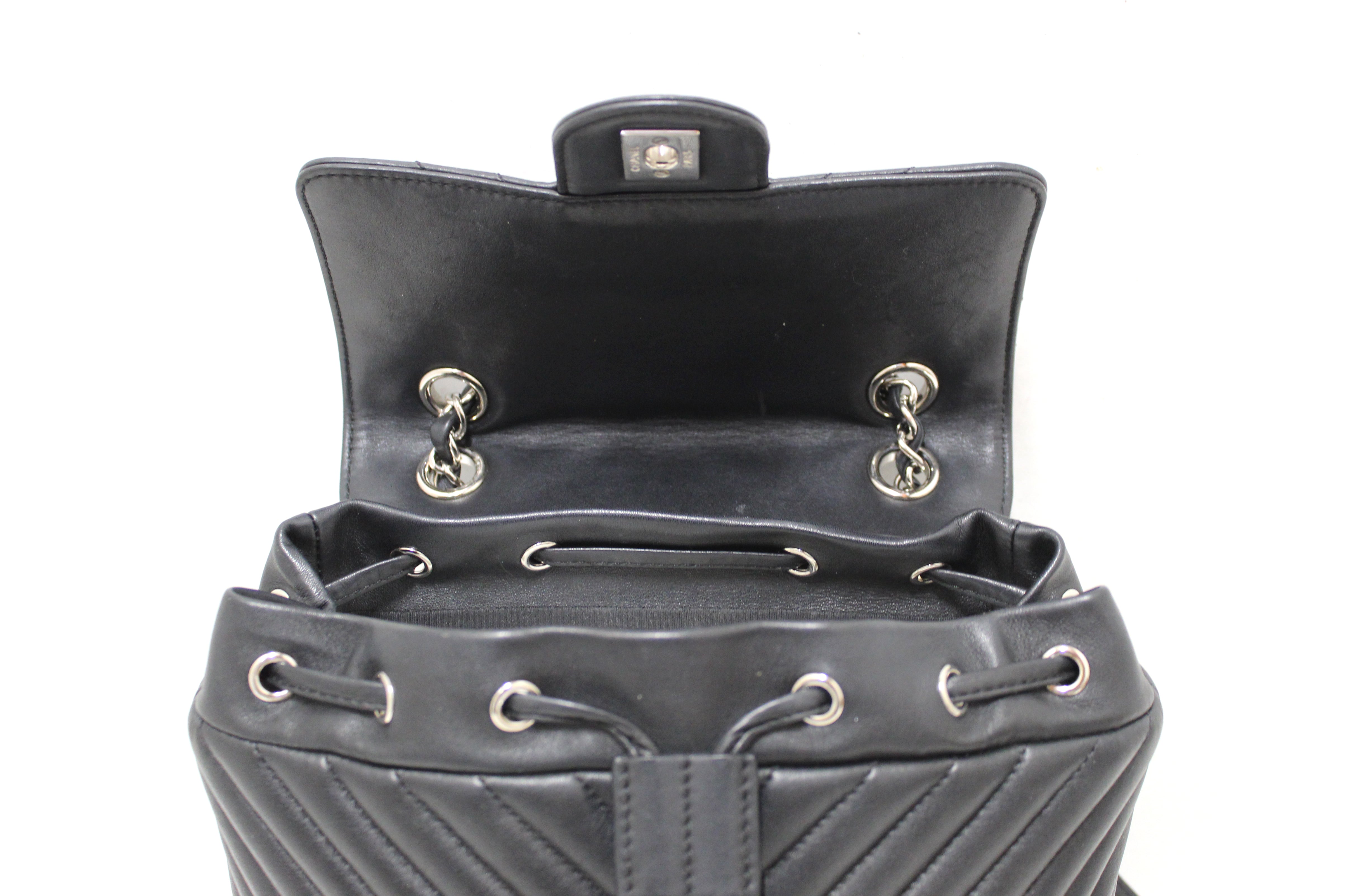 chanel black leather chevron backpack Authentic Chanel Urban Spirit Chevron Black Calfskin Backpack – Paris Station Shop