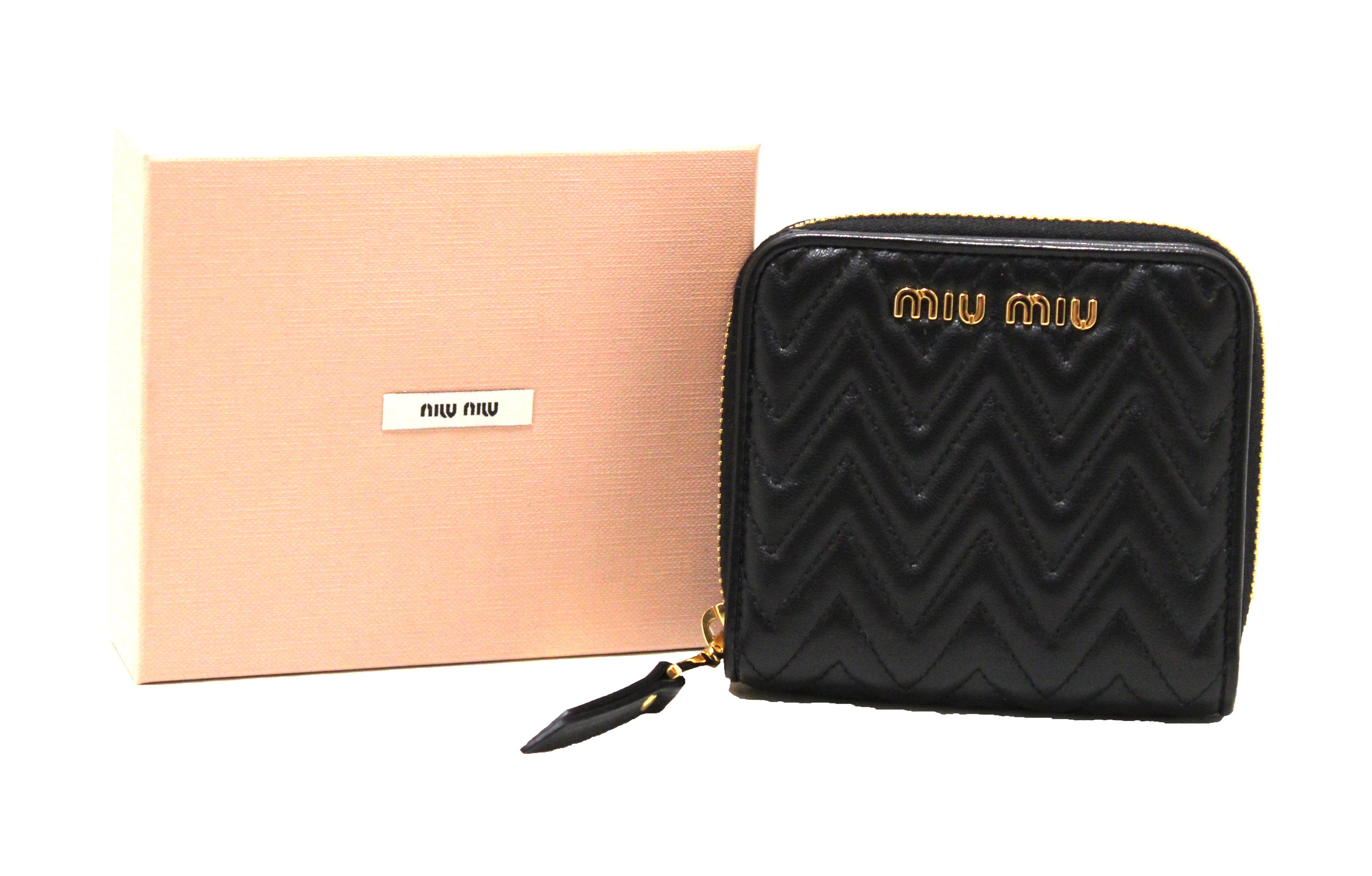 Authentic Miu Miu Black Nappa Lampo Leather Small Bi-Fold Wallet