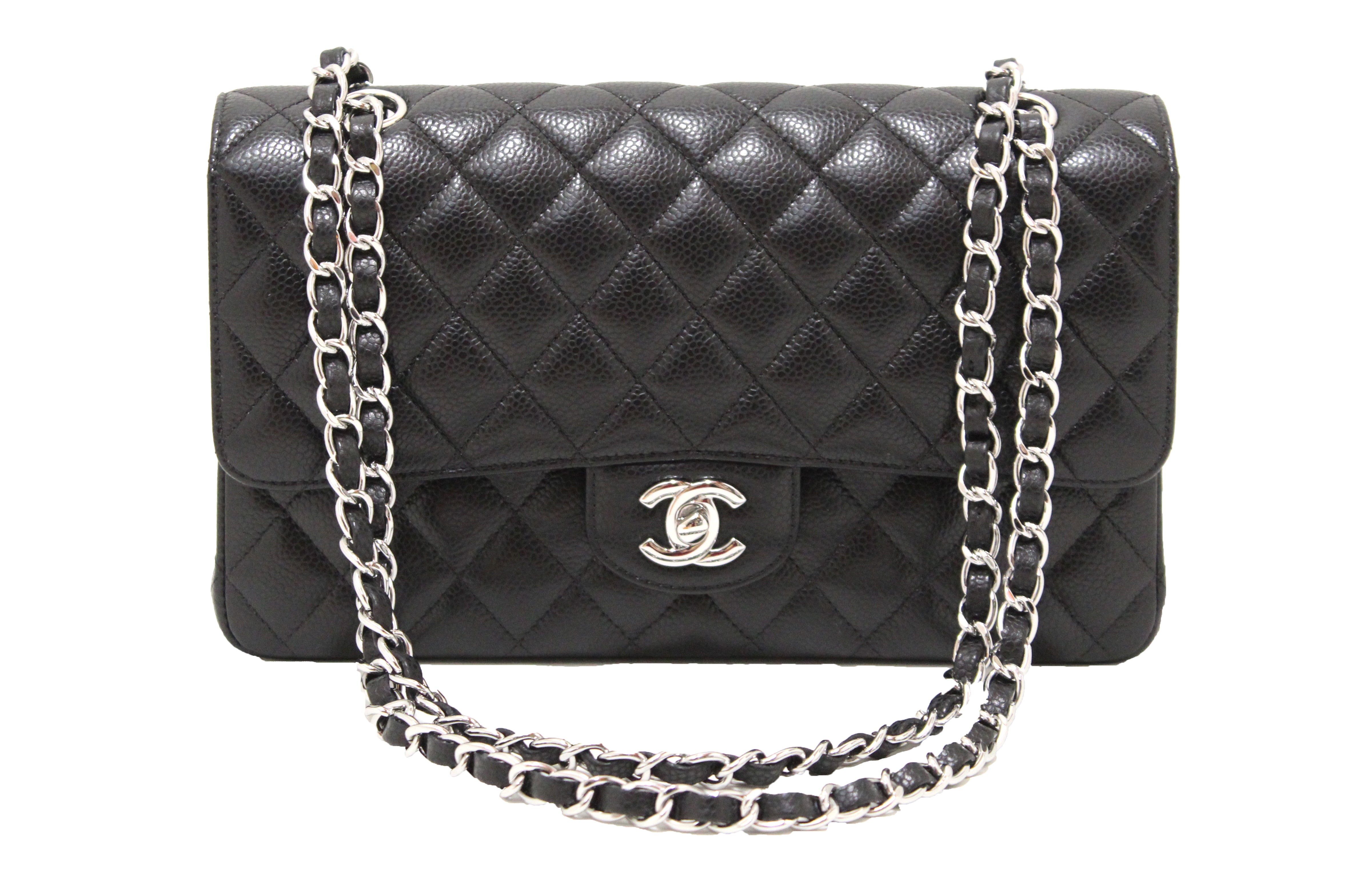 Authentic Chanel Classic Black Quilted Caviar Leather Classic Medium Double  Flap Bag
