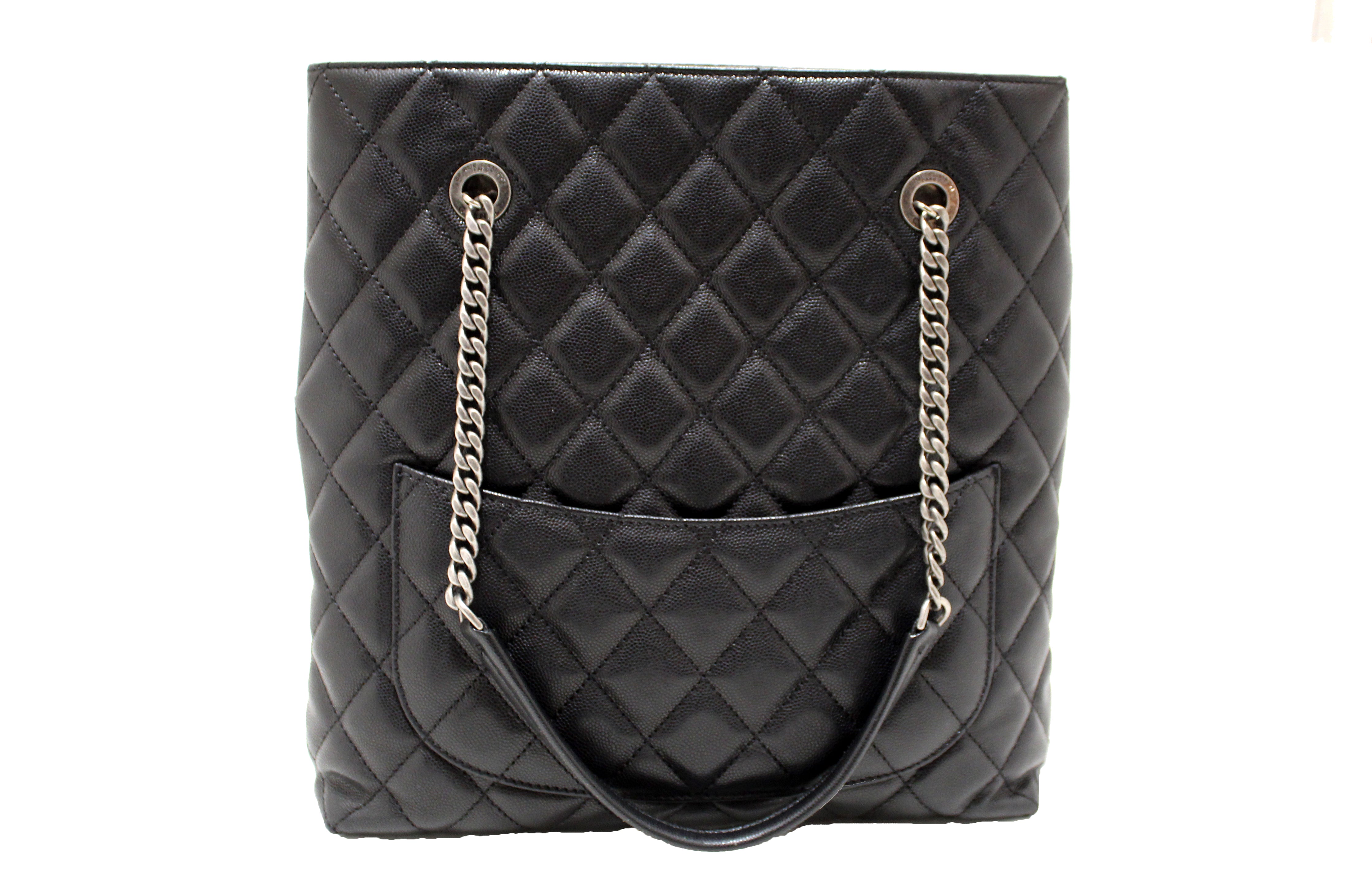 Authentic Chanel Black Quilted Caviar Leather Shoulder Tote