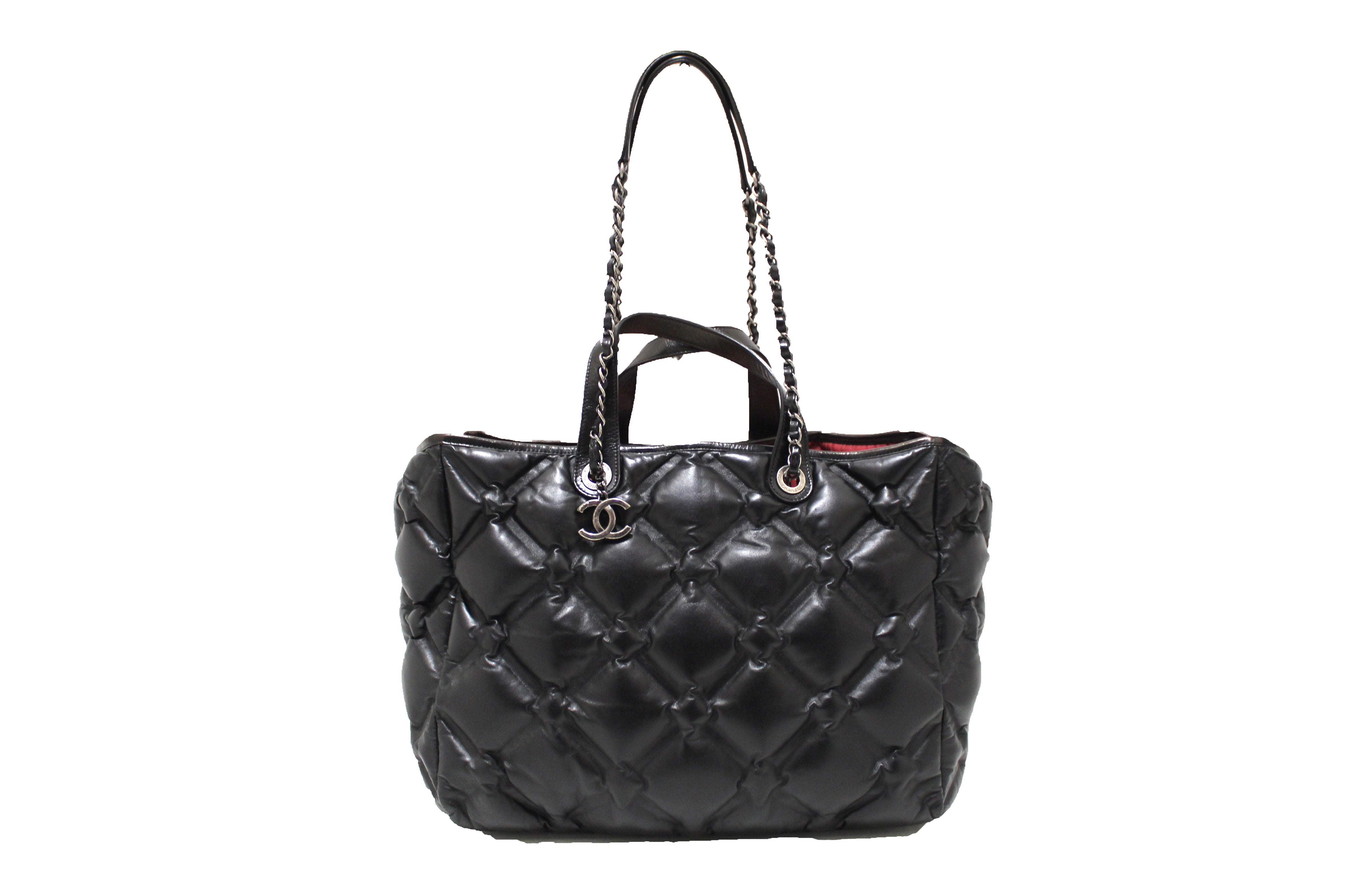 Authentic Chanel Black Bubble Quilted Lambskin Leather Large Tote