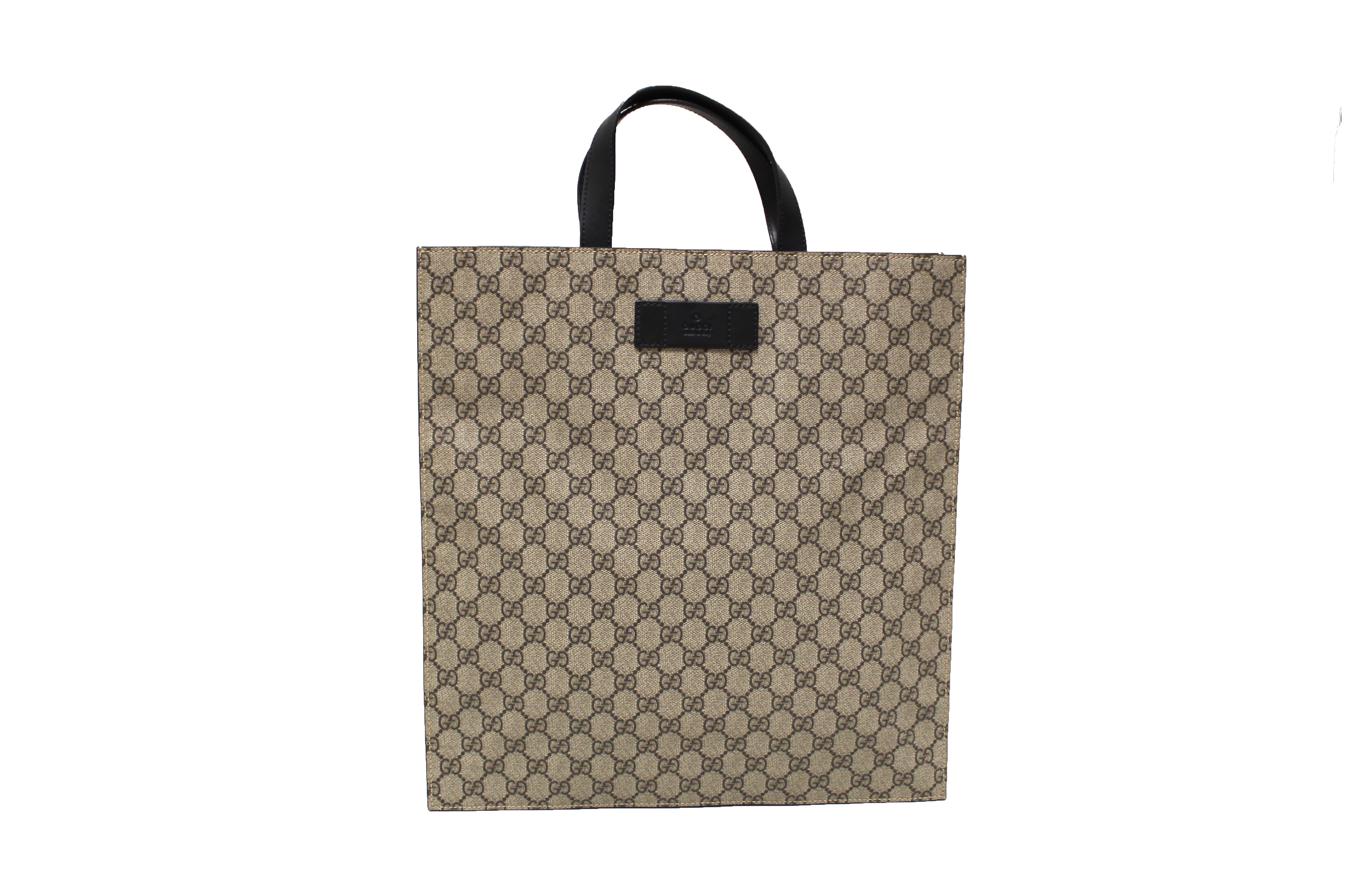 Authentic Gucci Brown GG Supreme Canvas with Black Leather Tote Bag 456217