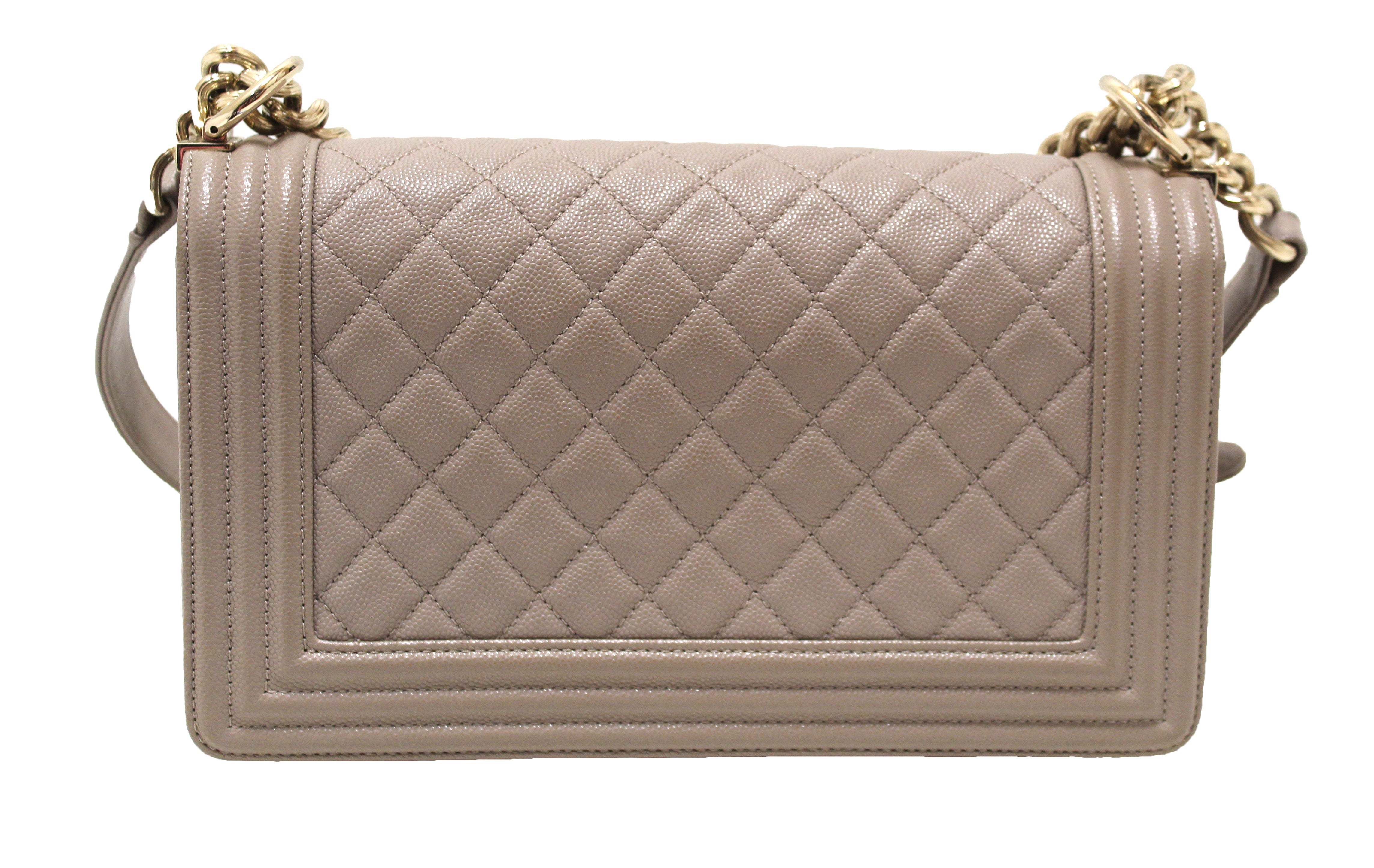Authentic Chanel Grey Quilted Caviar Old Medium Boy Shoulder Bag