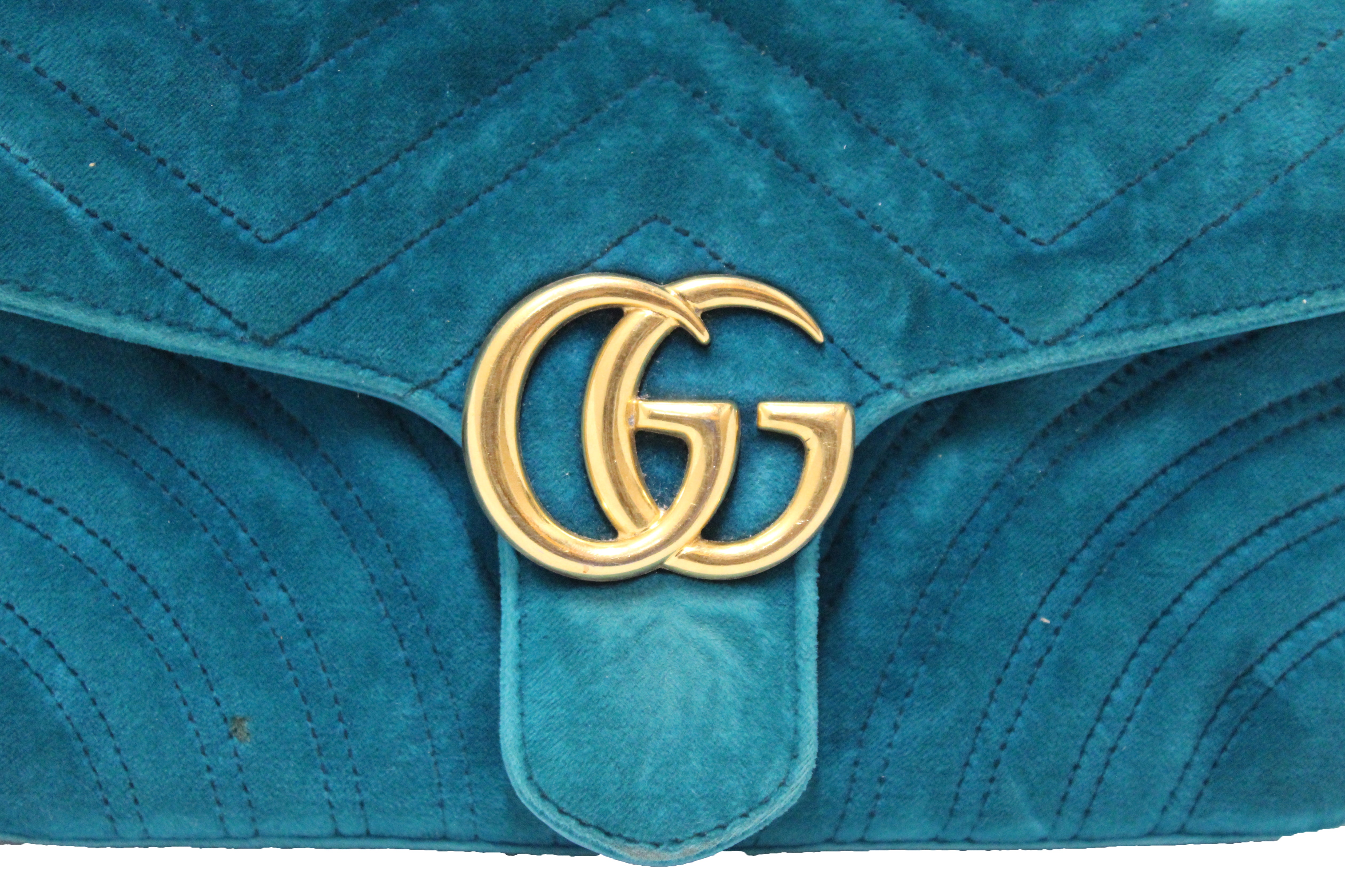 Authentic Gucci Blue Velvet Matelasse GG Marmont Shoulder Bag