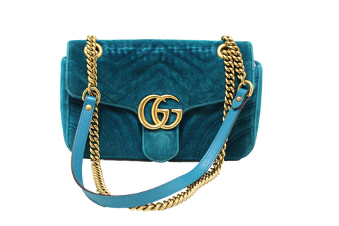 Authentic Gucci Blue Velvet Matelasse GG Marmont Shoulder Bag