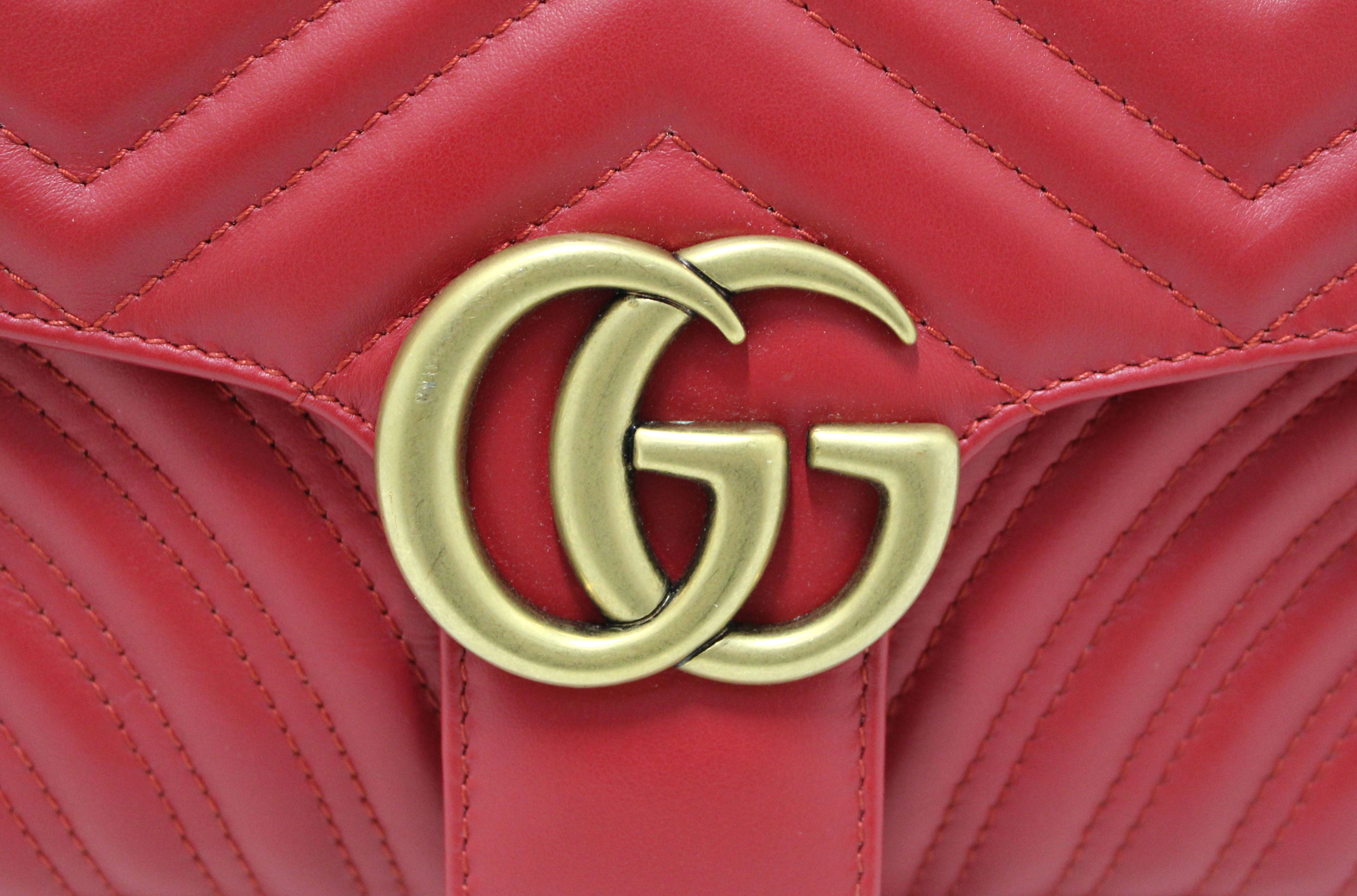 Authentic Gucci GG Red Marmont Small Matelassé Leather Shoulder Bag