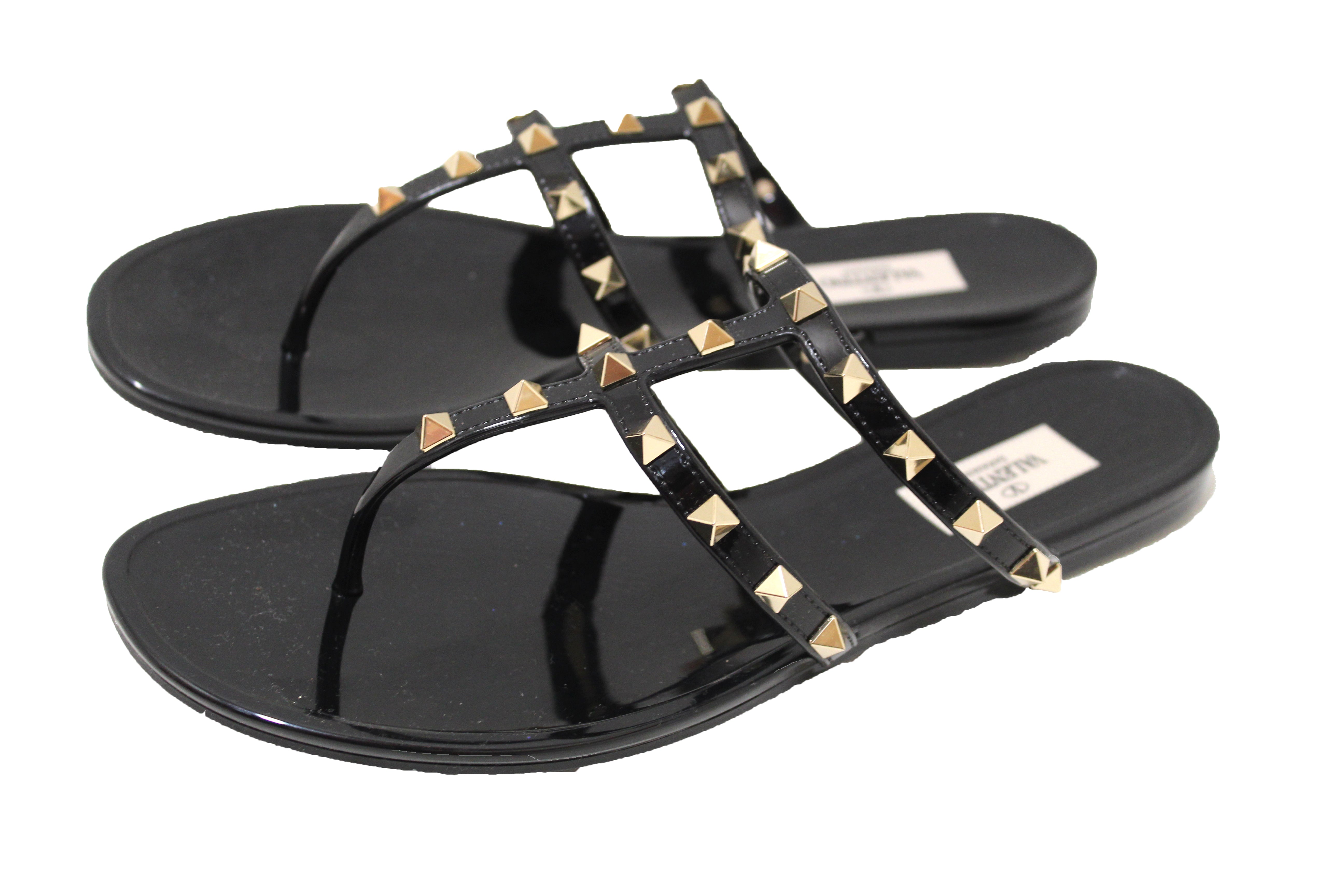 Authentic Valentino Garavani Black PVC Rockstud T-Strap Flat Slide Sandals Size 41