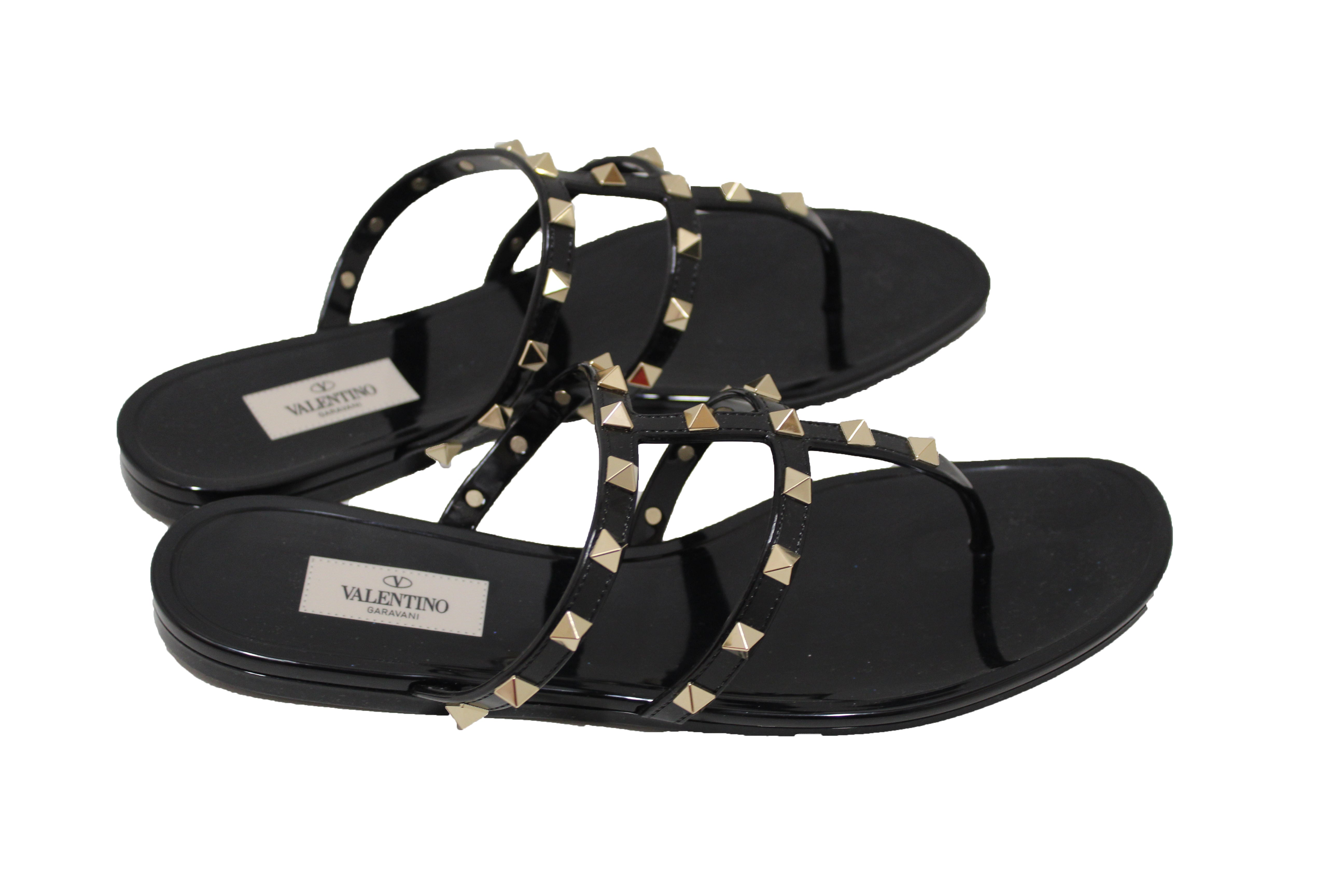 Authentic Valentino Garavani Black PVC Rockstud T-Strap Flat Slide Sandals Size 41