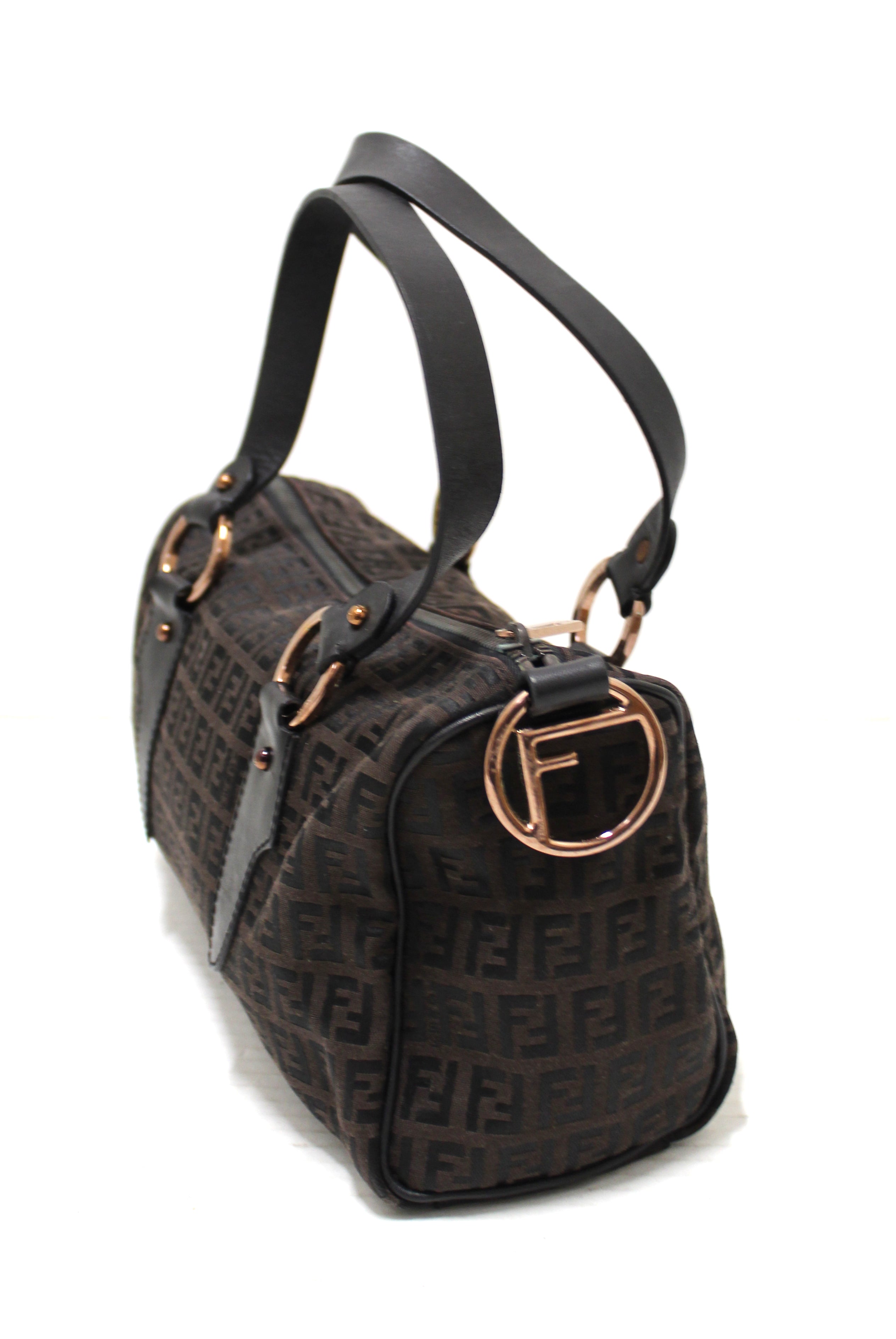 Authentic Fendi Brown Zucchino Fabric Bauletto Shoulder Bag