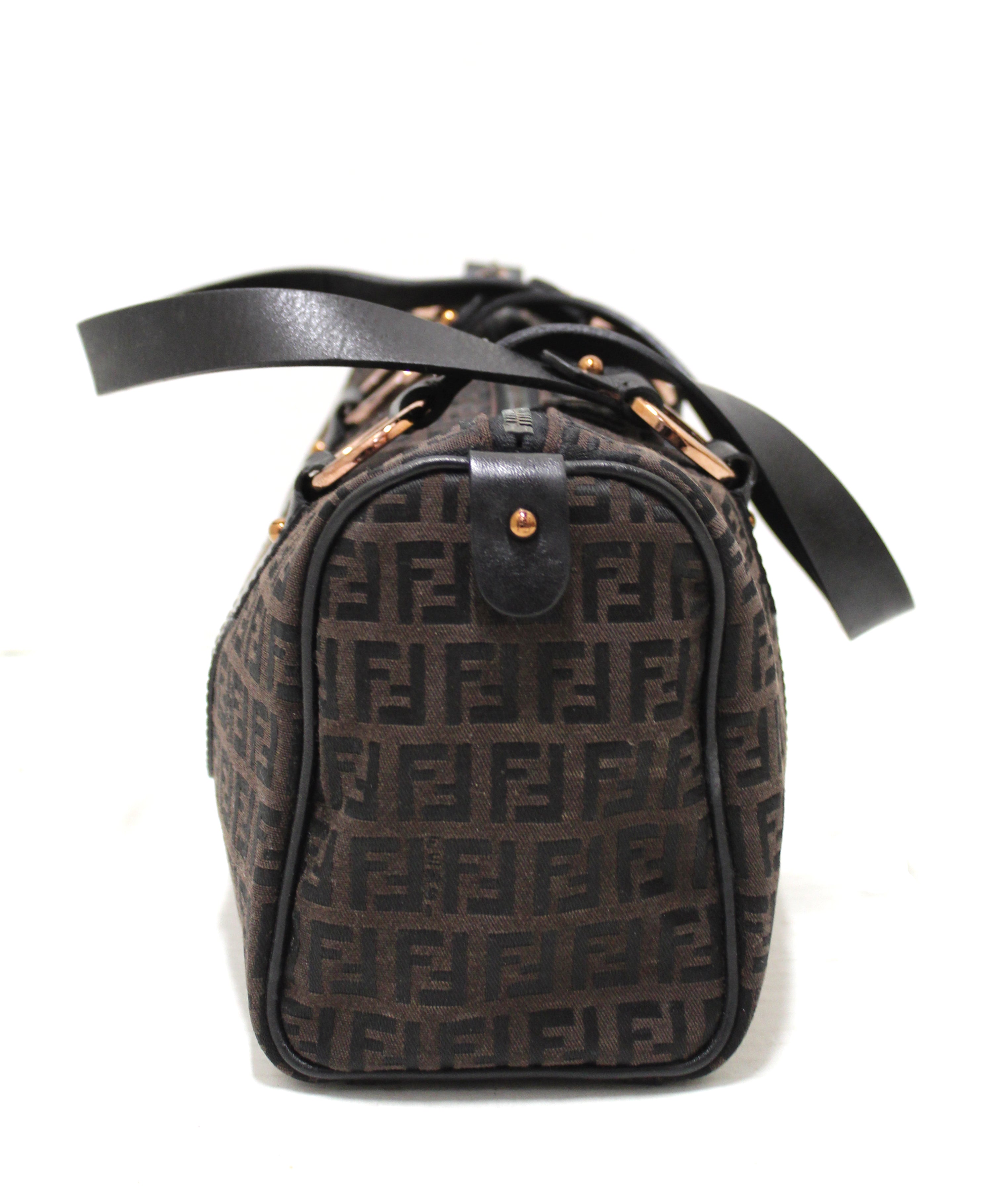 Authentic Fendi Brown Zucchino Fabric Bauletto Shoulder Bag