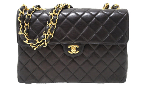 Authentic Chanel Vintage Black Lambskin Quilted Leather Jumbo Shoulder Chain Flap Bag